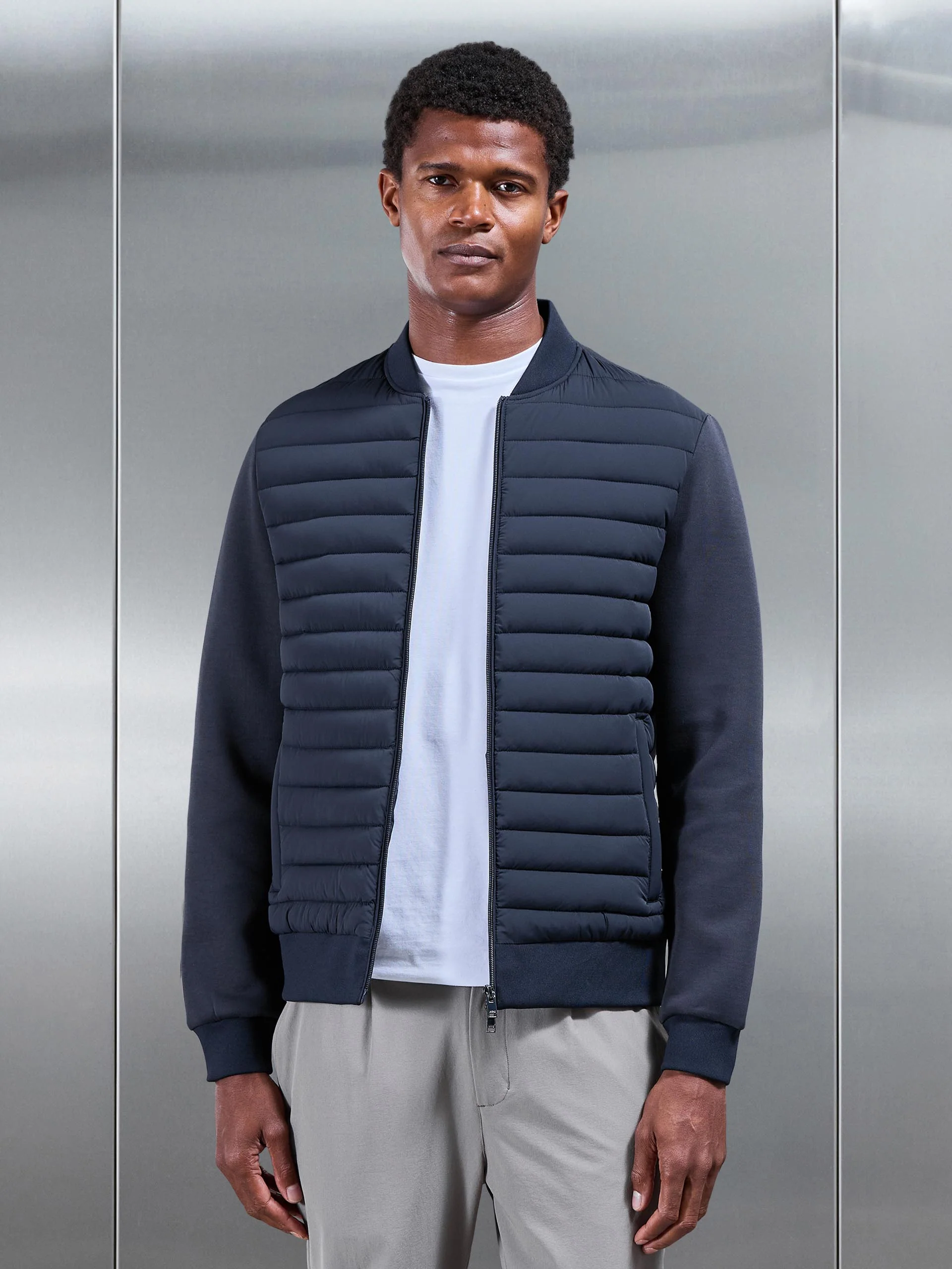 Hybrid Quilted Bomber Jacket in Navy - Image 6