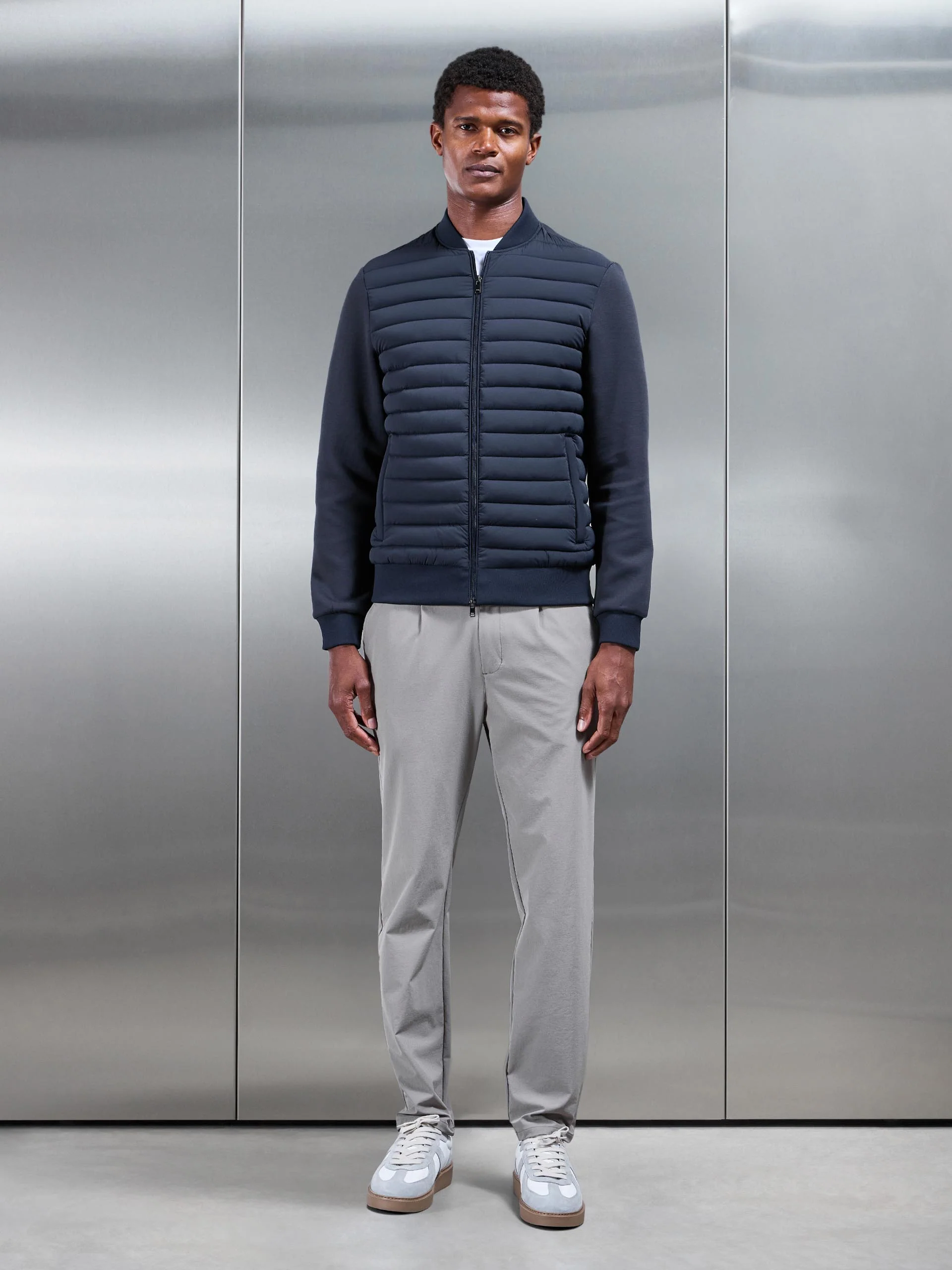 Hybrid Quilted Bomber Jacket in Navy - Image 7