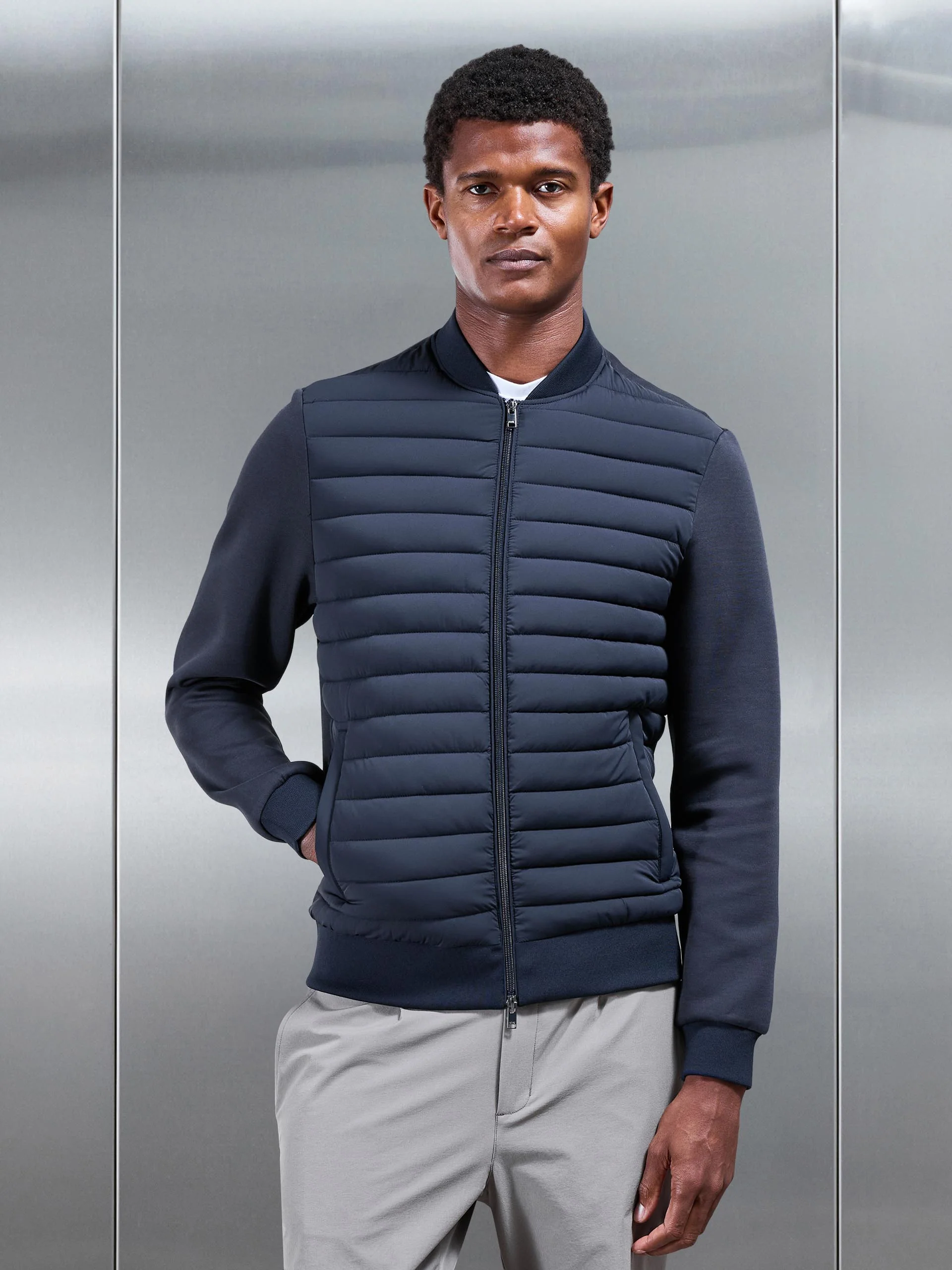 Hybrid Quilted Bomber Jacket in Navy - Image 8