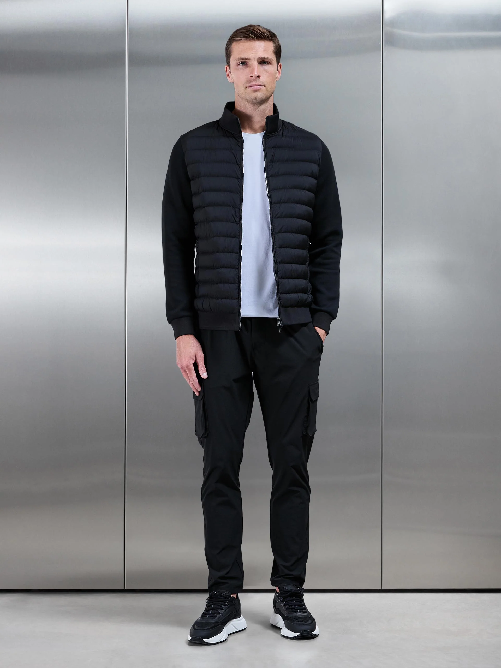 Hybrid Quilted Technical Funnel Neck Jacket in Black - Image 6