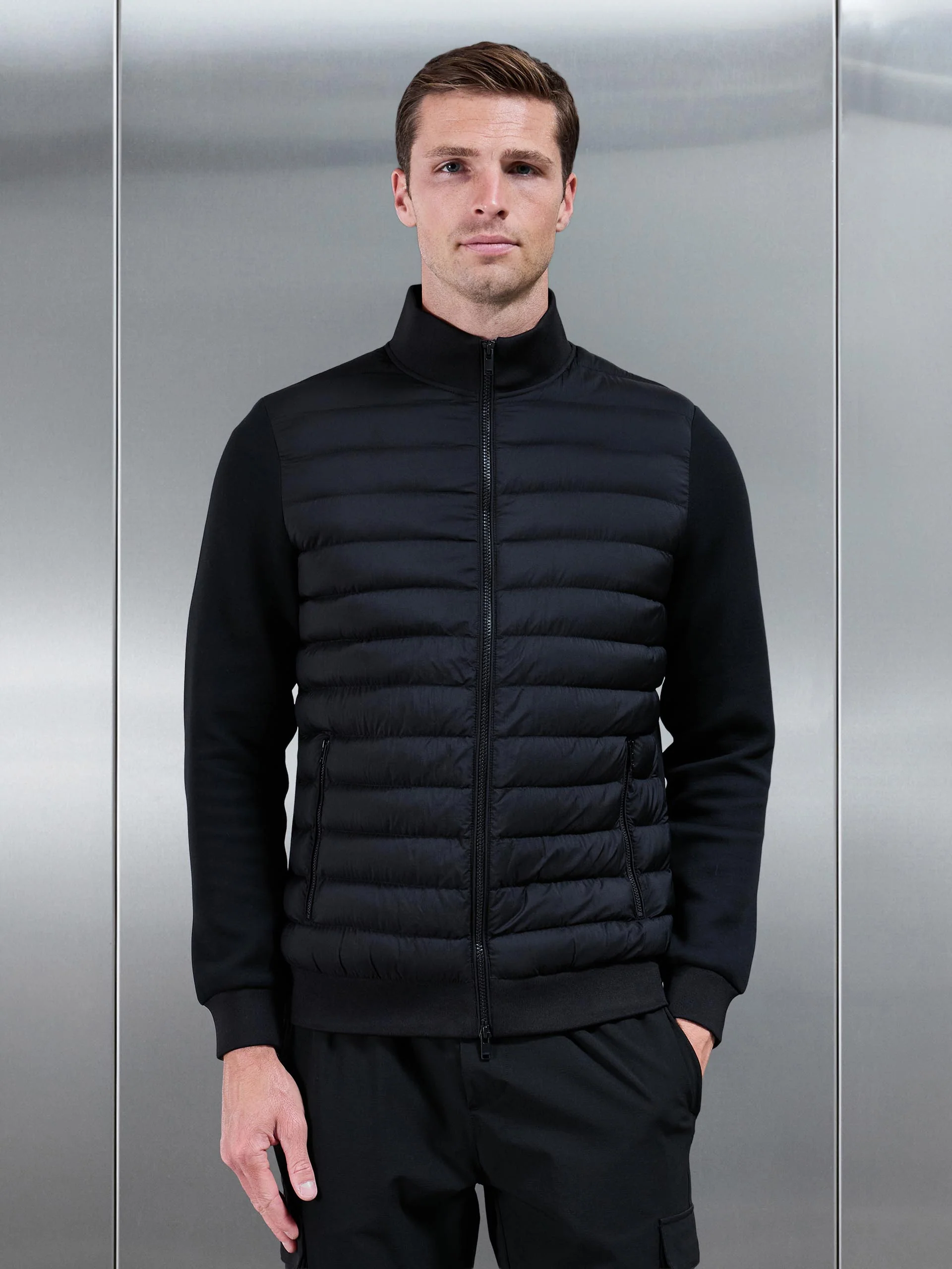 Hybrid Quilted Technical Funnel Neck Jacket in Black - Image 7