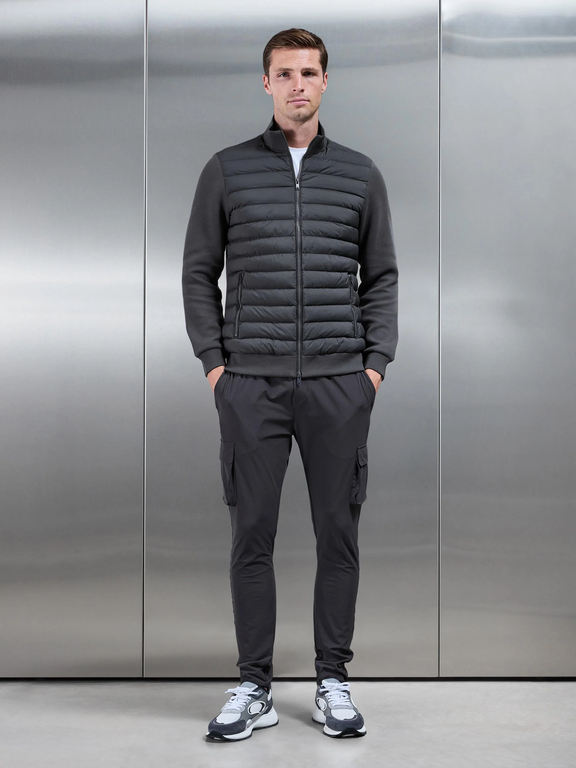 Hybrid Quilted Technical Funnel Neck Jacket in Grey - Image 6