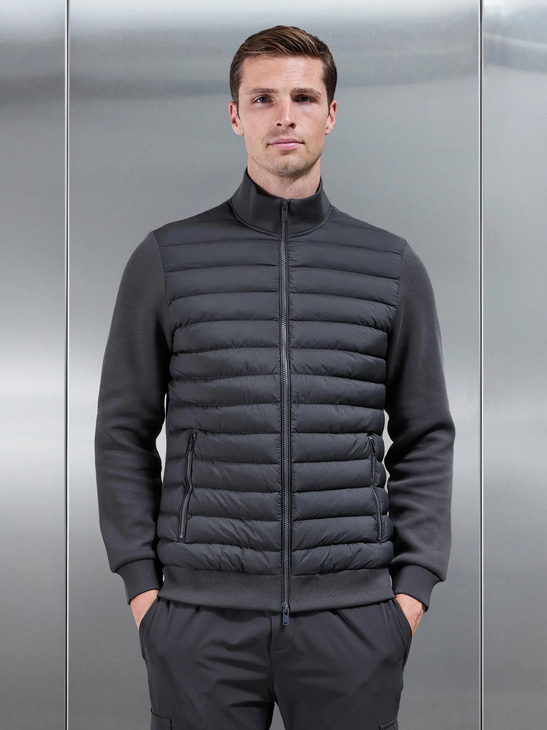 Hybrid Quilted Technical Funnel Neck Jacket in Grey - Image 7