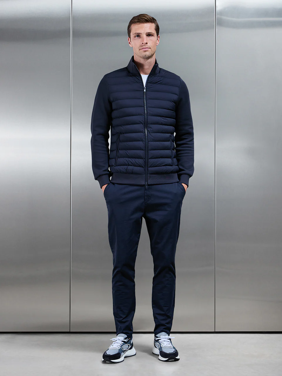 Hybrid Quilted Technical Funnel Neck Jacket in Navy - Image 3