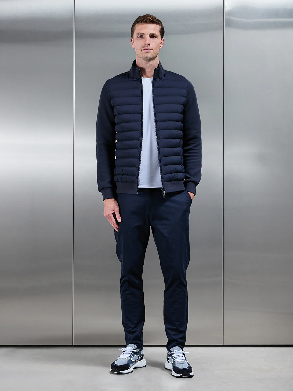 Hybrid Quilted Technical Funnel Neck Jacket in Navy - Image 7