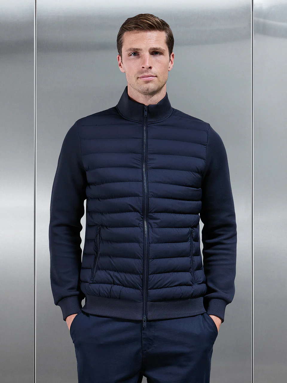 Hybrid Quilted Technical Funnel Neck Jacket in Navy - Image 8