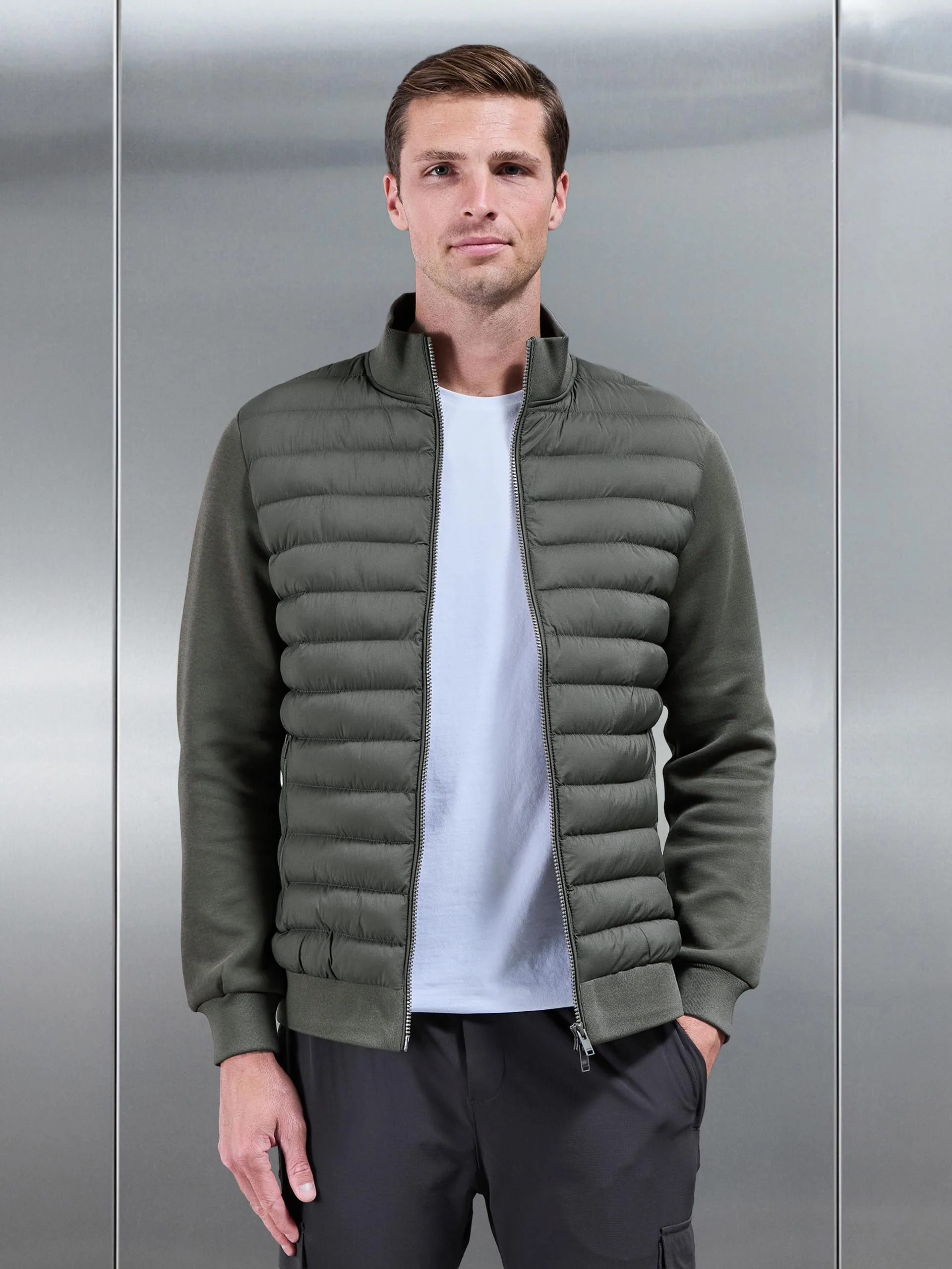 Hybrid Quilted Technical Funnel Neck Jacket in Olive - Image 6