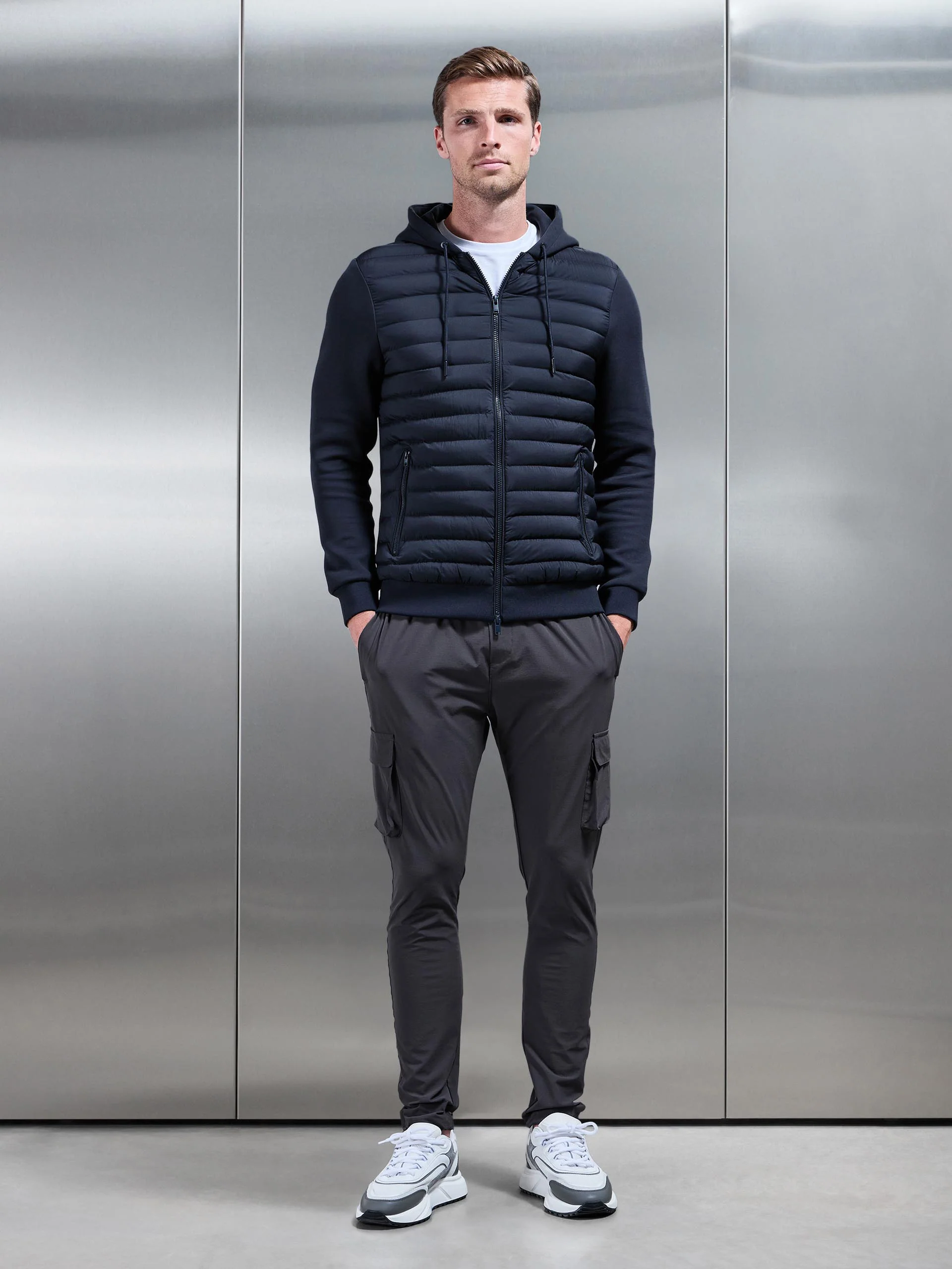 Hybrid Quilted Technical Windbreaker in Navy - Image 2