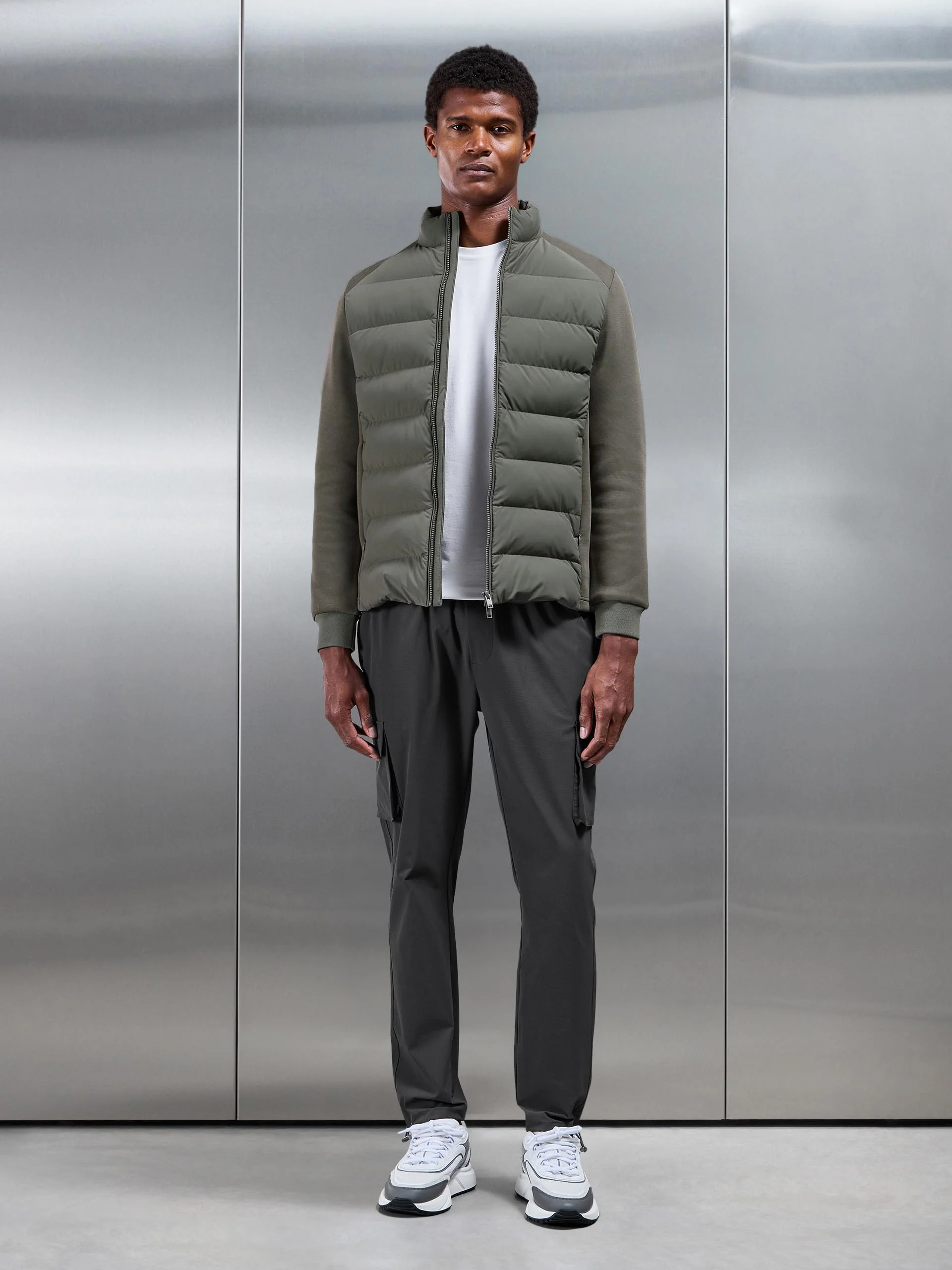 Hybrid Technical Puffer Jacket in Olive - Image 2