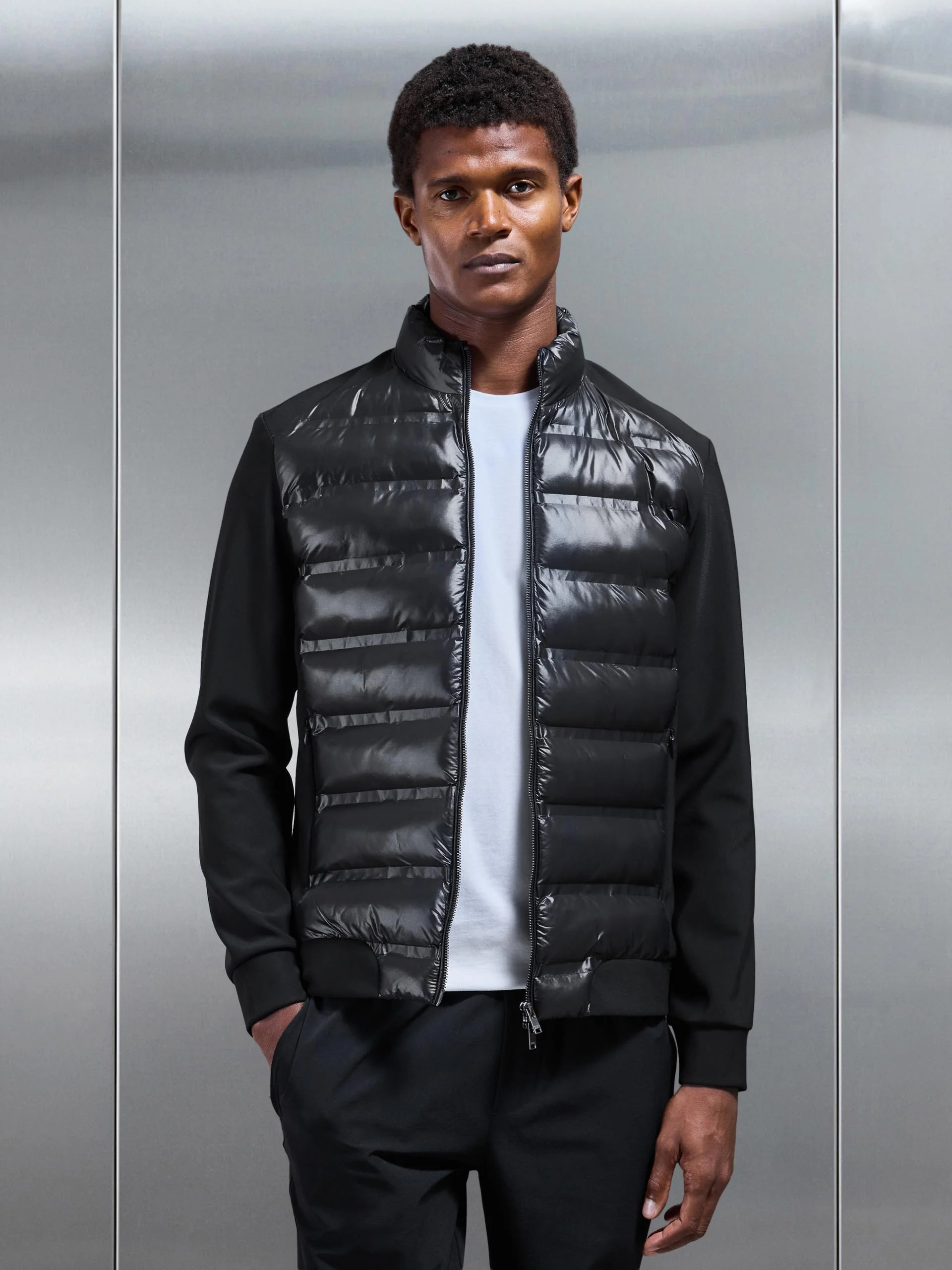 Hybrid Zip Through Puffer Jacket in Black - Image 6