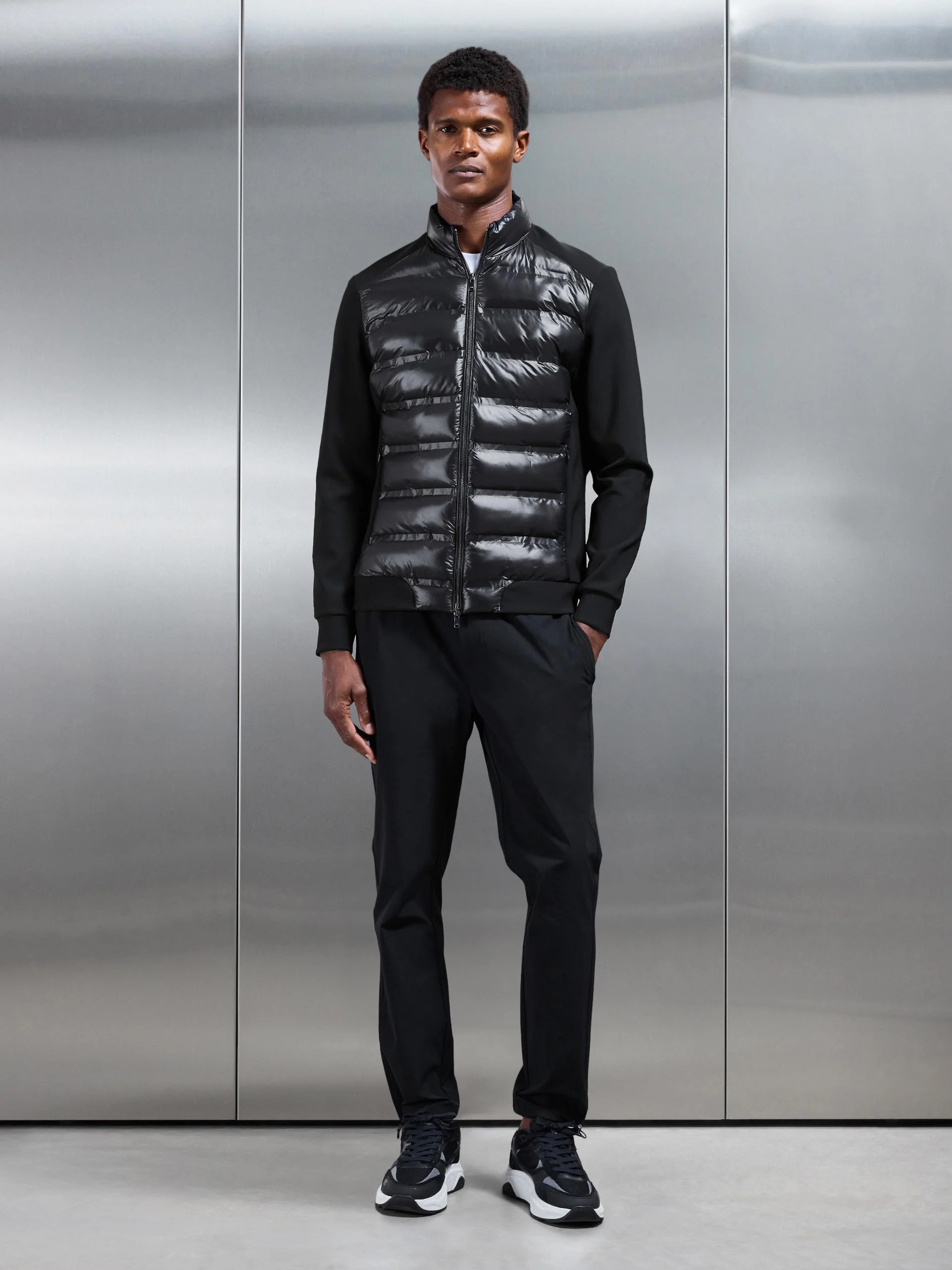 Hybrid Zip Through Puffer Jacket in Black - Image 7