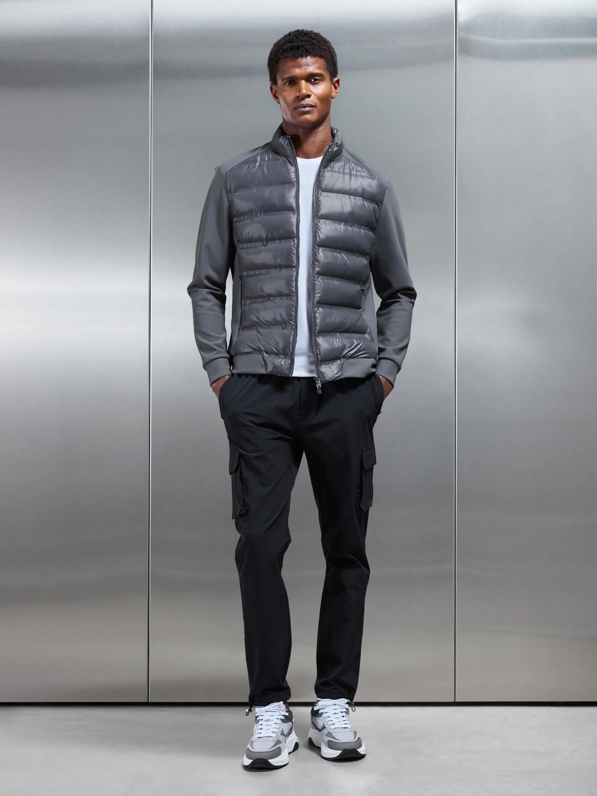 Hybrid Zip Through Puffer Jacket in Grey - Image 3