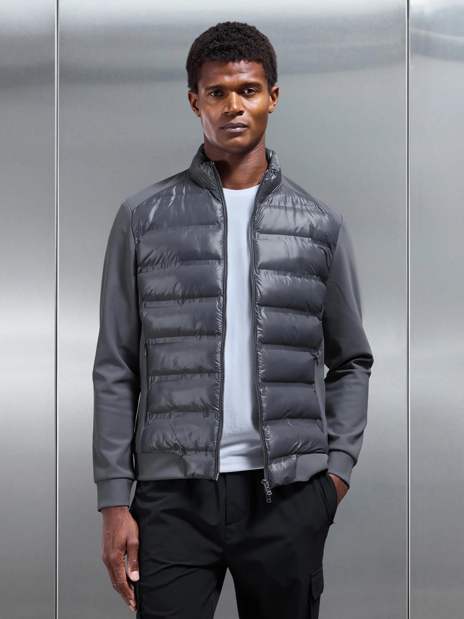 Hybrid Zip Through Puffer Jacket in Grey - Image 8