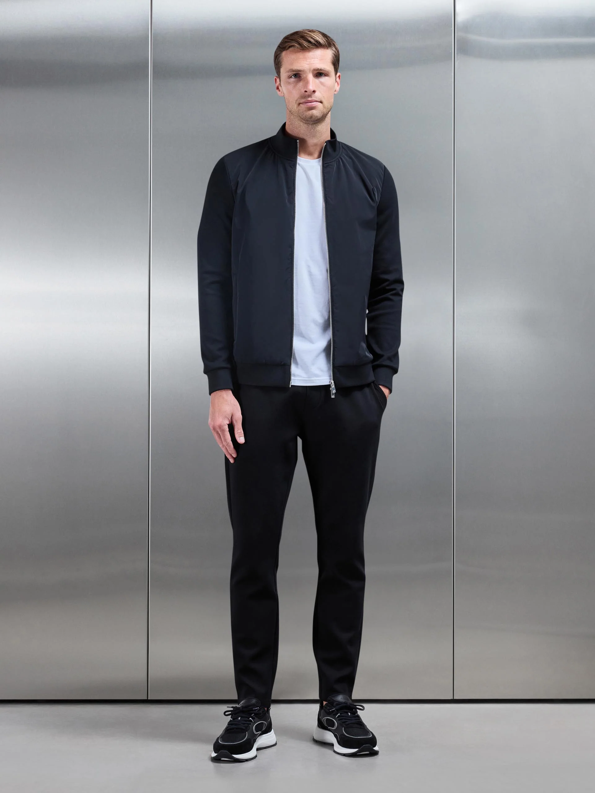 Interlock Jersey Hybrid Funnel Neck Jacket in Black - Image 2