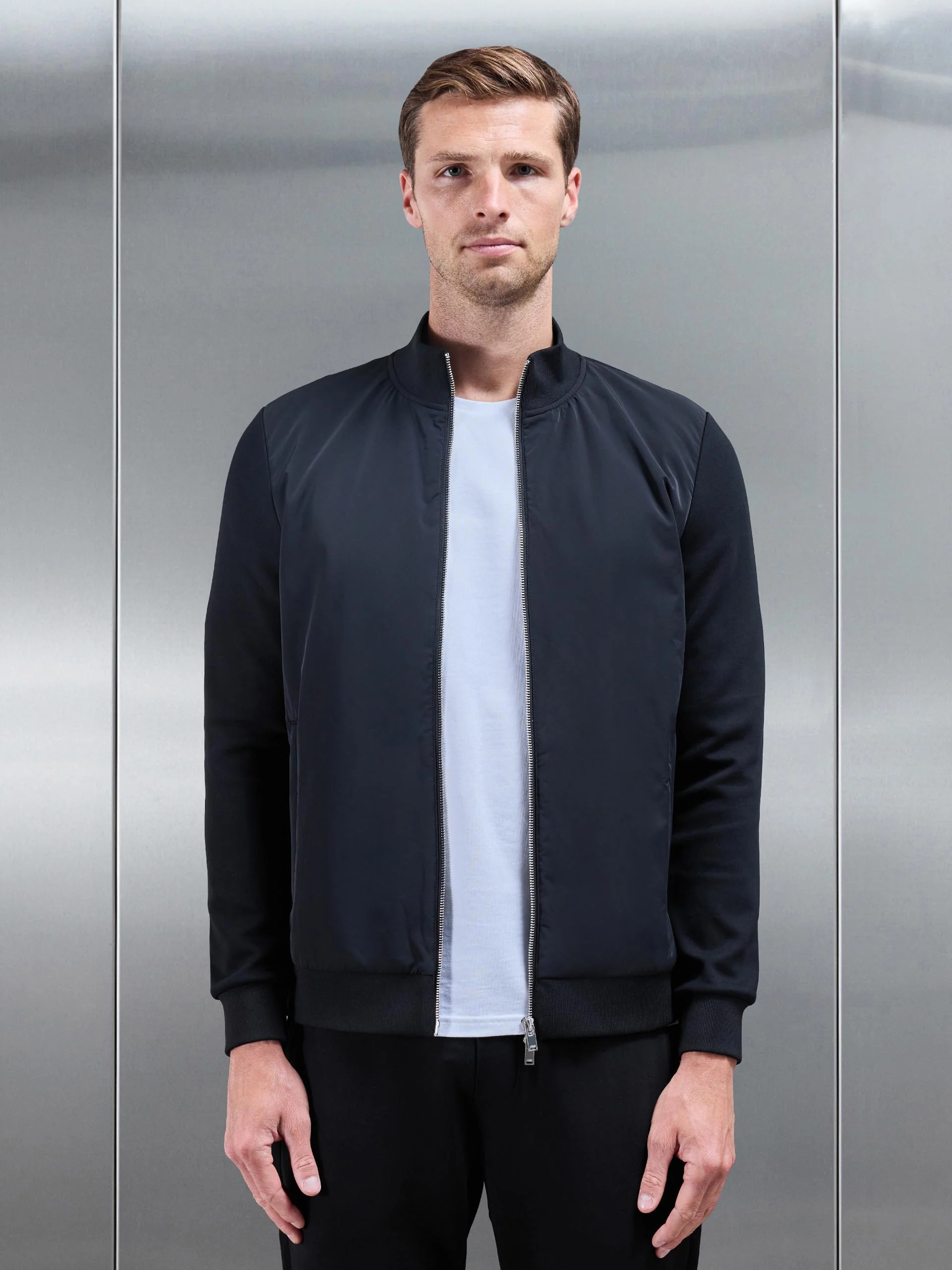 Interlock Jersey Hybrid Funnel Neck Jacket in Black - Image 6