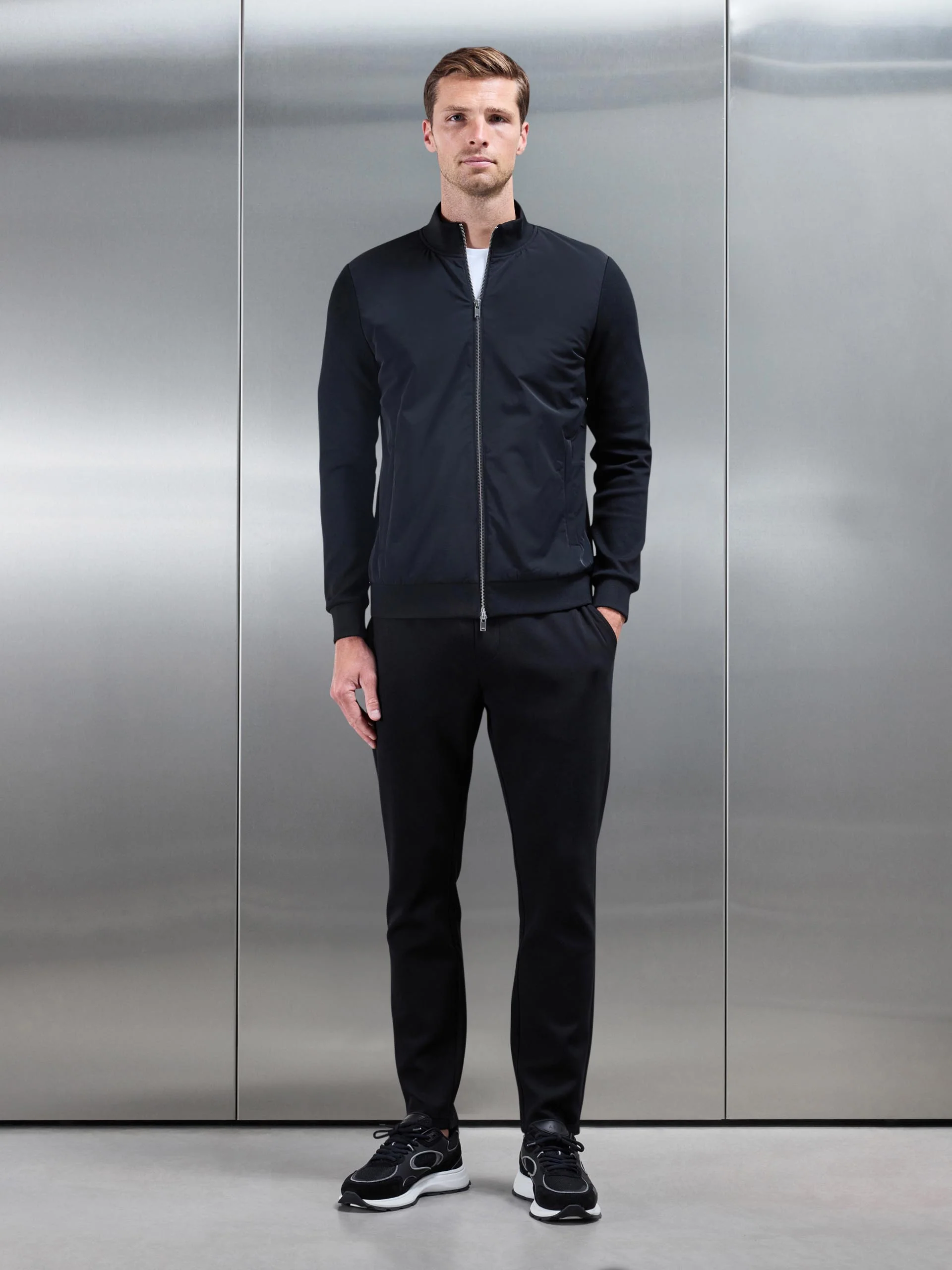 Interlock Jersey Hybrid Funnel Neck Jacket in Black - Image 7