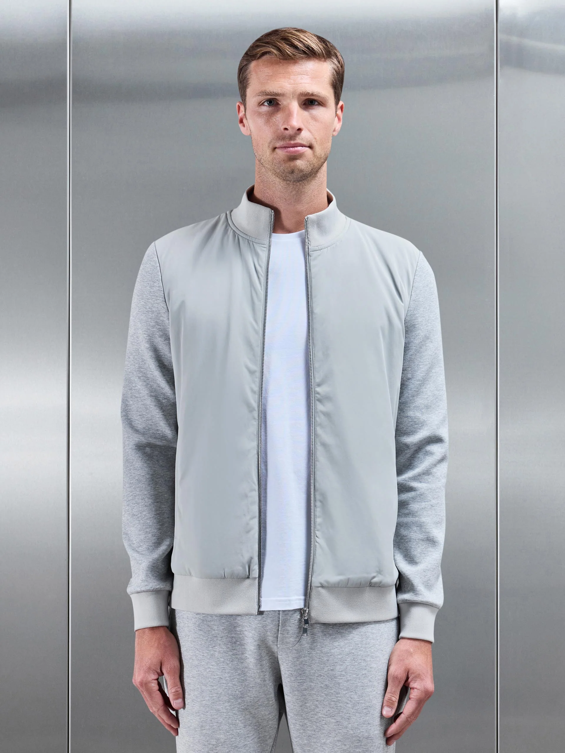 Interlock Jersey Hybrid Funnel Neck Jacket in Marl Grey - Image 6
