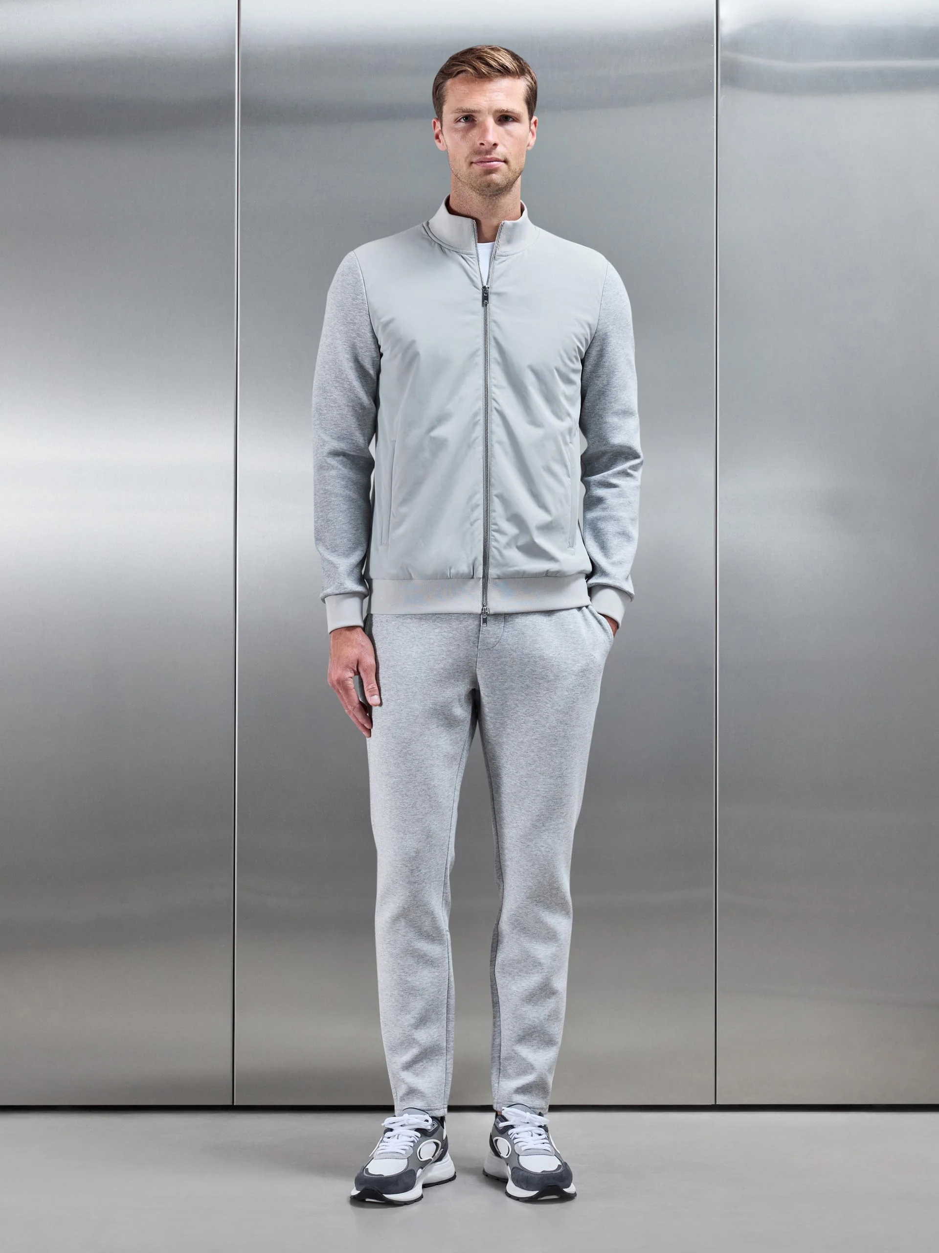 Interlock Jersey Hybrid Funnel Neck Jacket in Marl Grey - Image 7