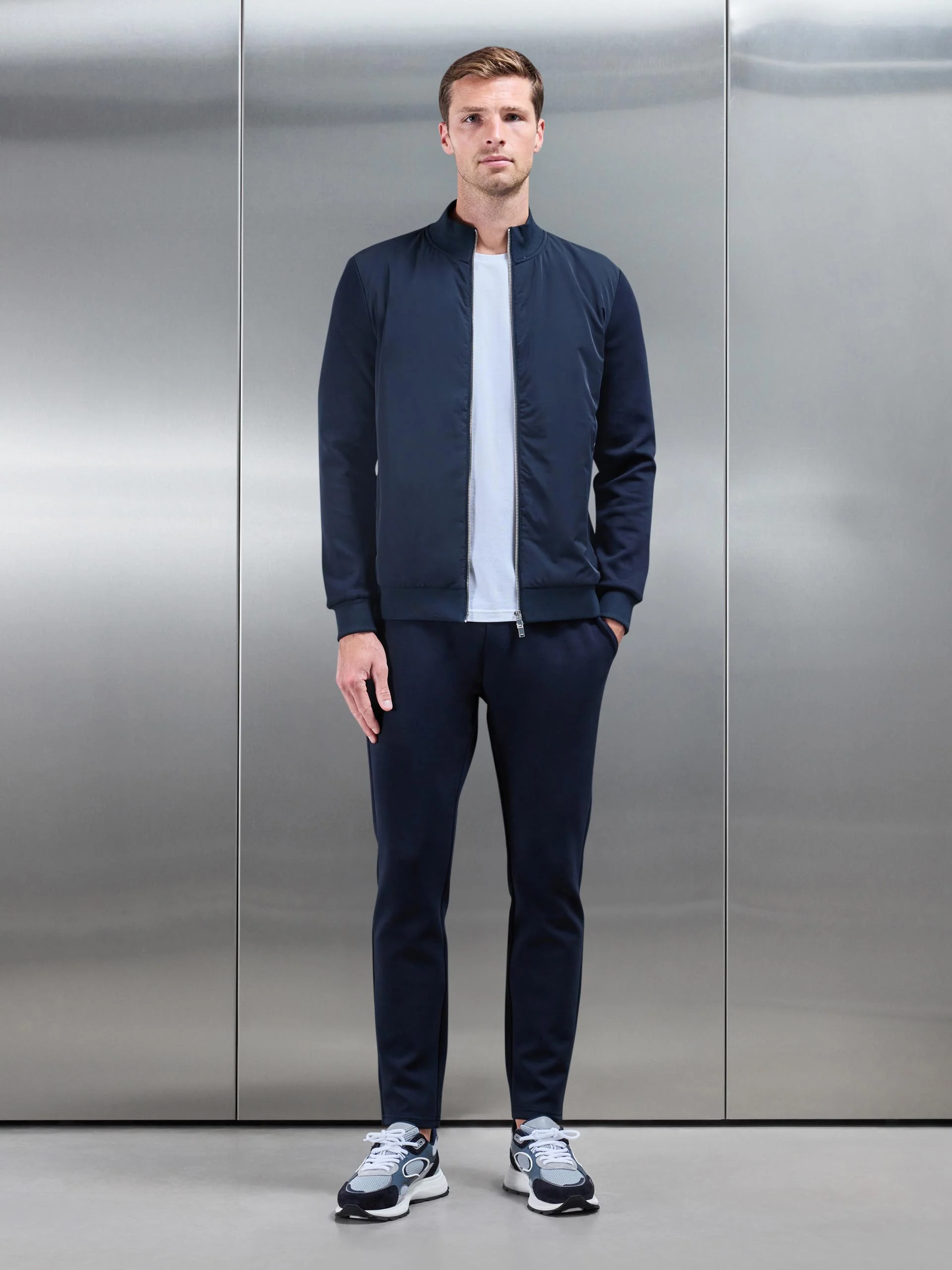 Interlock Jersey Hybrid Funnel Neck Jacket in Navy - Image 3
