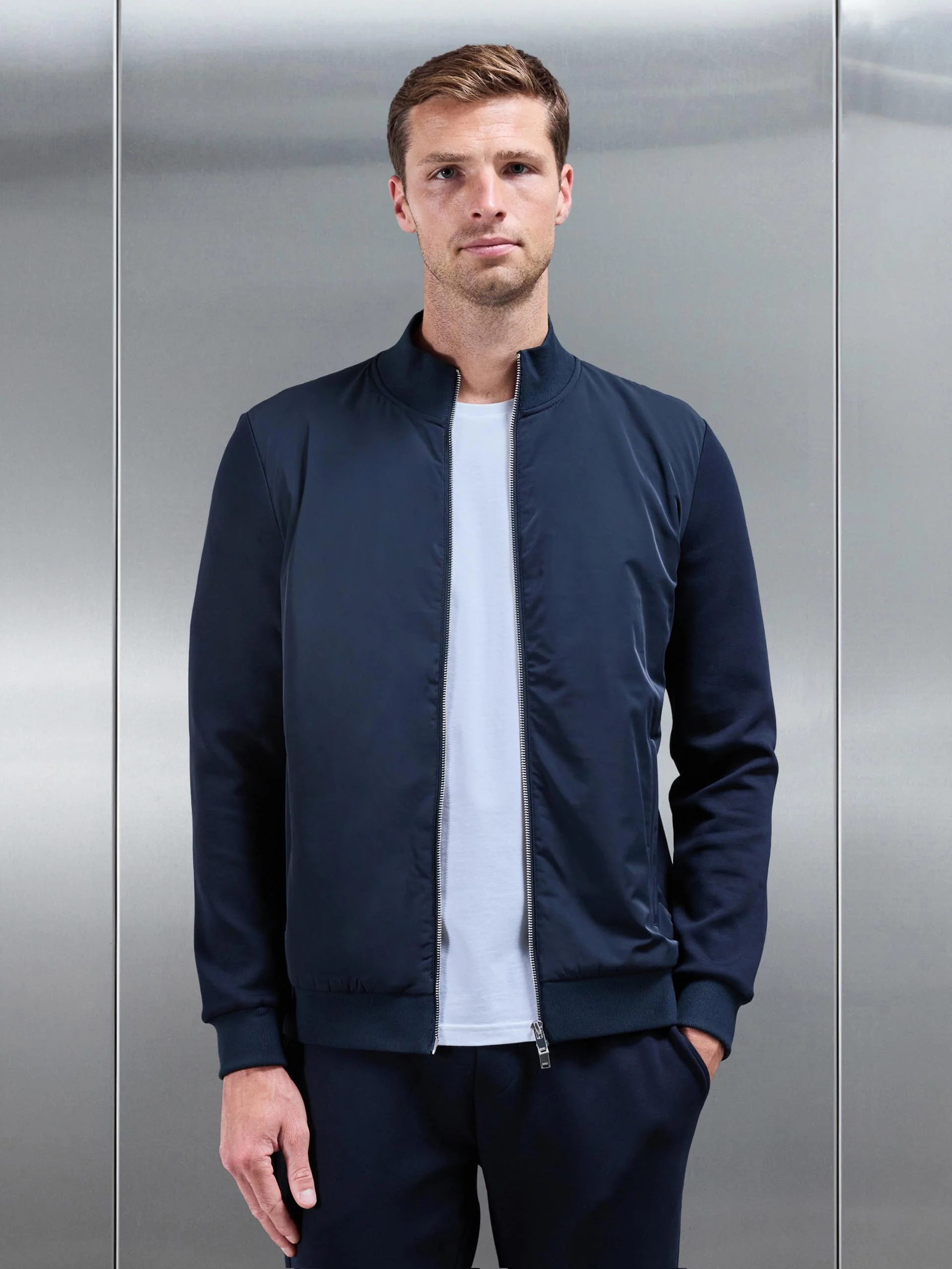 Interlock Jersey Hybrid Funnel Neck Jacket in Navy - Image 7