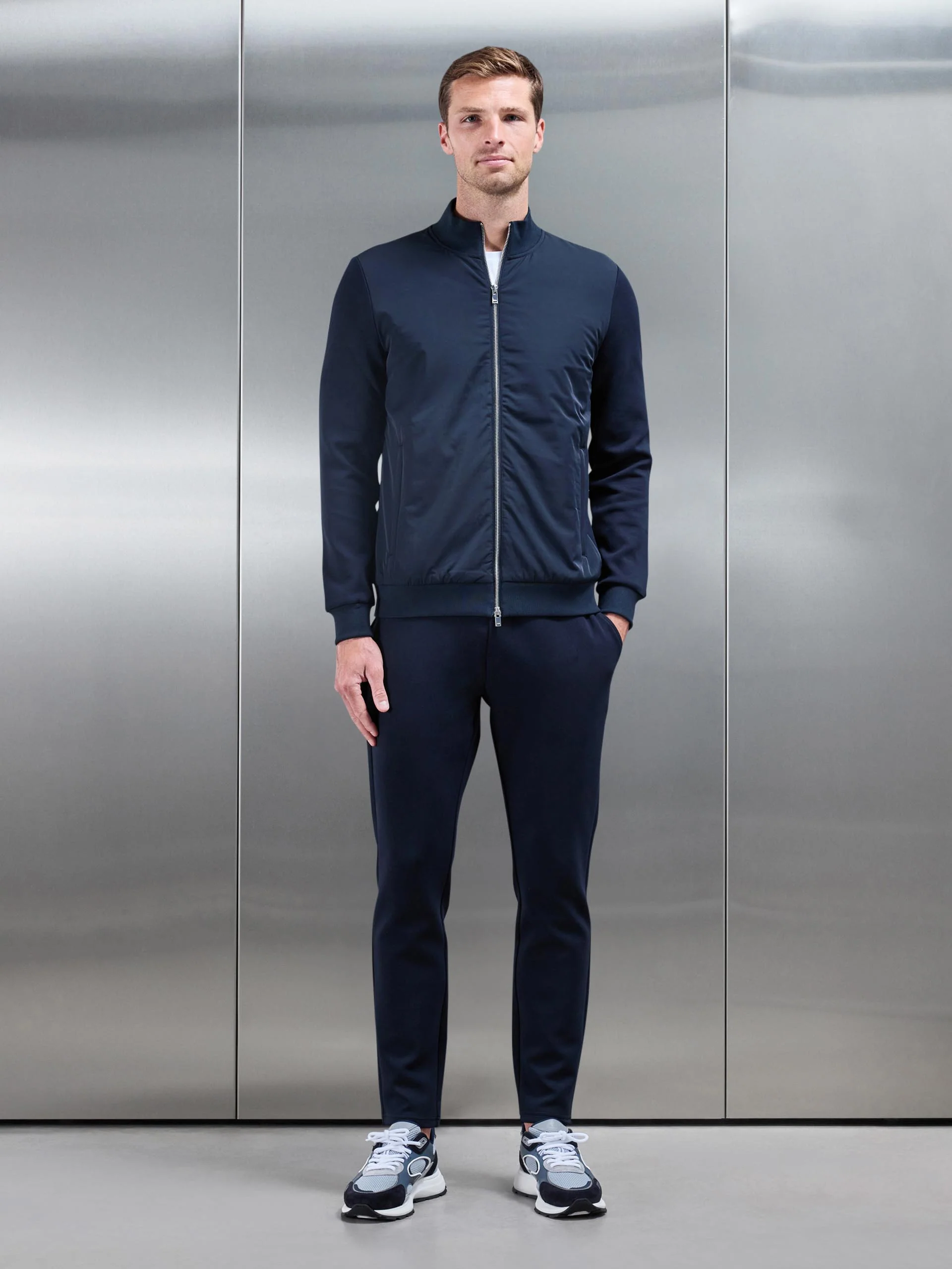 Interlock Jersey Hybrid Funnel Neck Jacket in Navy - Image 8