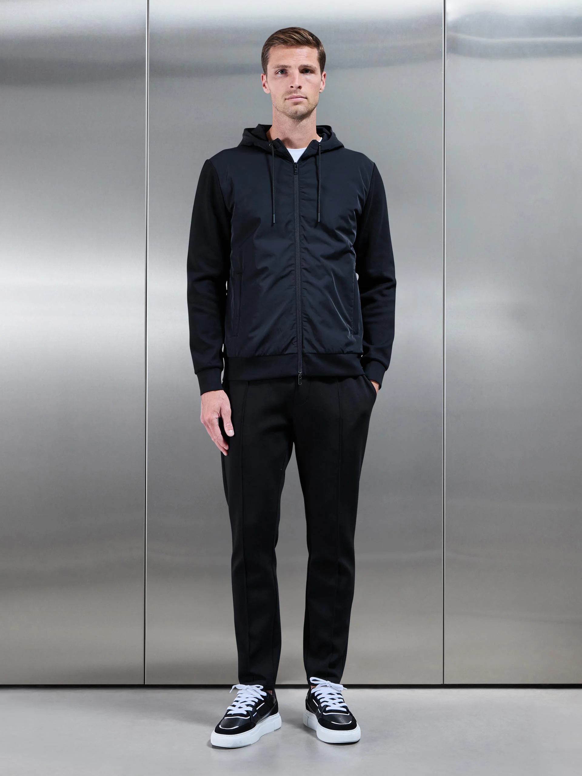 Interlock Jersey Hybrid Technical Windbreaker in Black - Image 2
