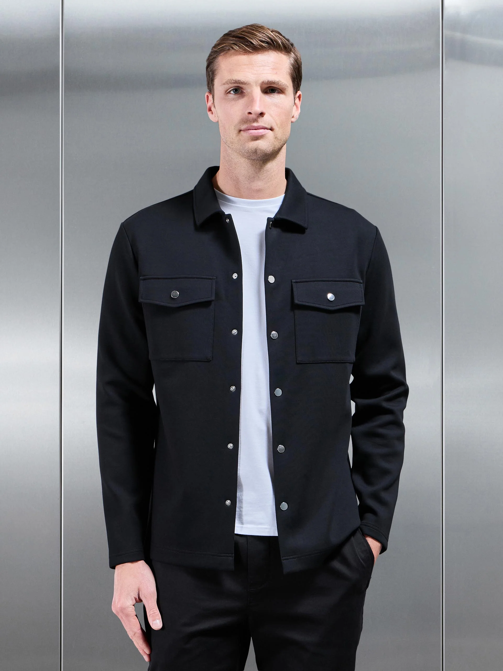 Interlock Jersey Pocket Popper Overshirt in Black - Image 2