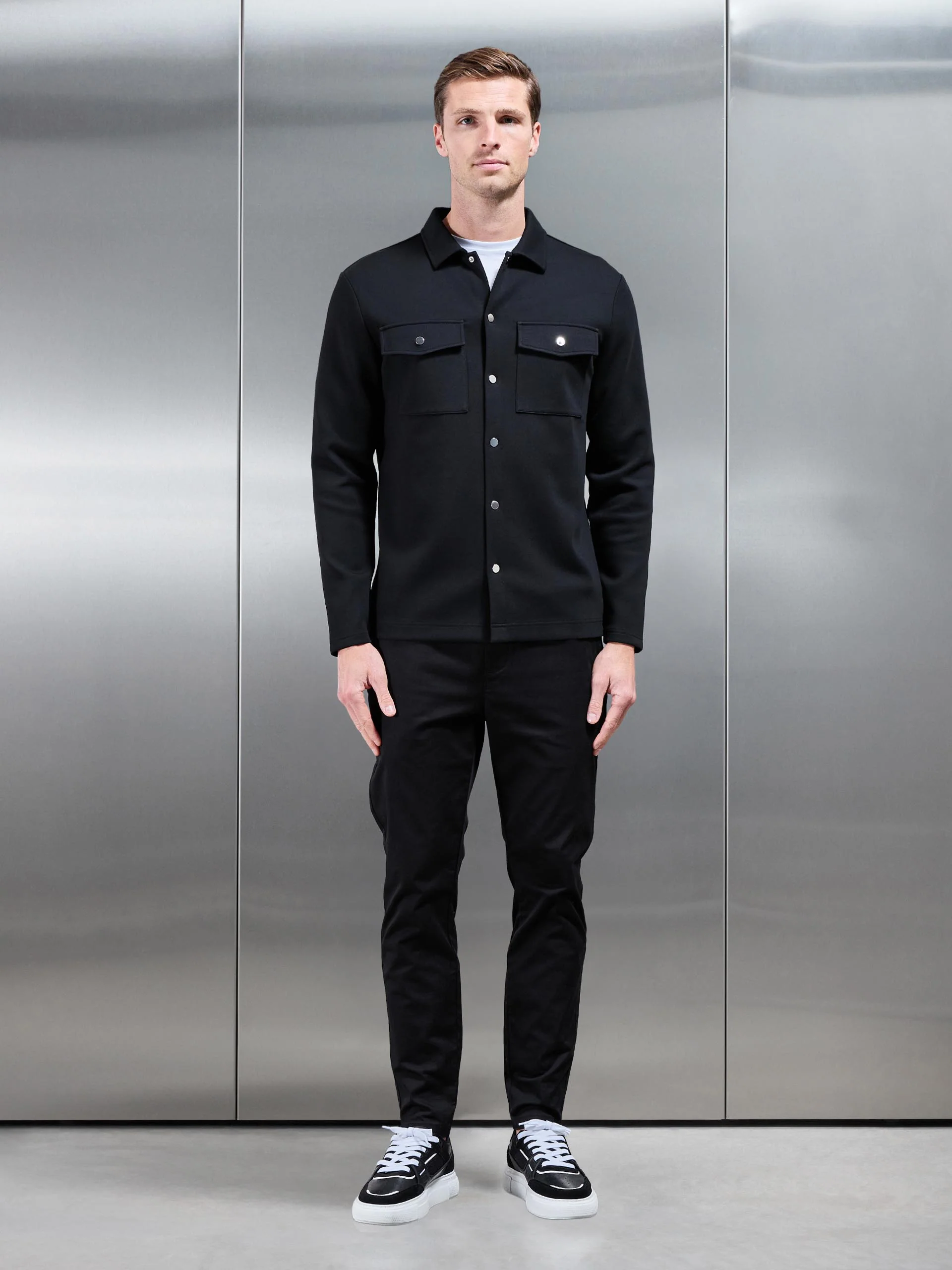 Interlock Jersey Pocket Popper Overshirt in Black - Image 5
