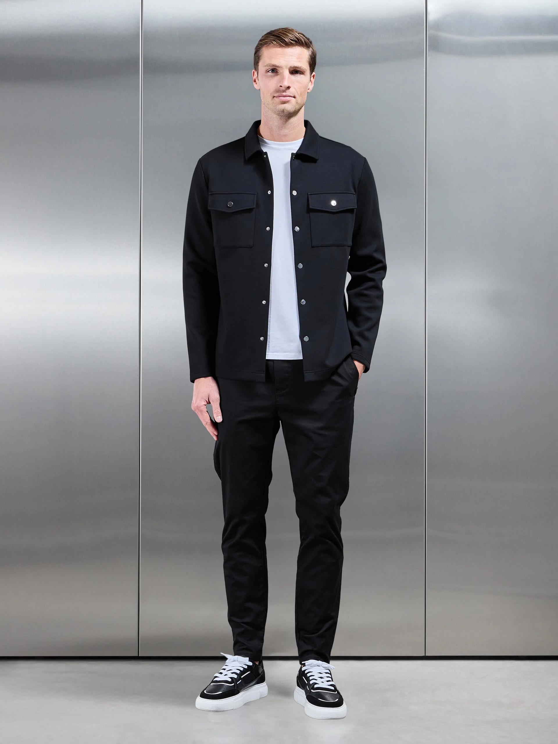 Interlock Jersey Pocket Popper Overshirt in Black - Image 6