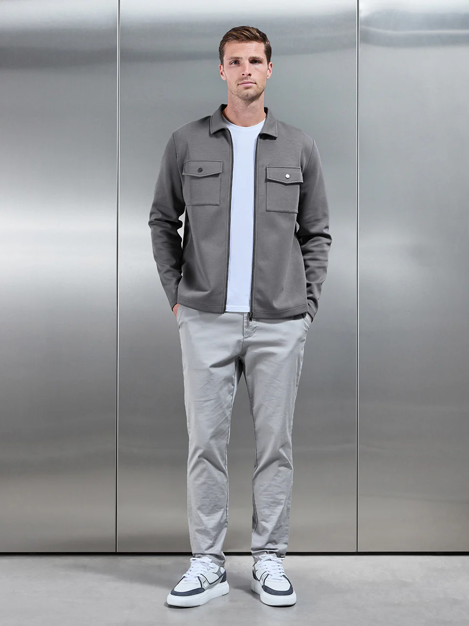 Interlock Jersey Pocket Zip Through Overshirt in Charcoal - Image 2