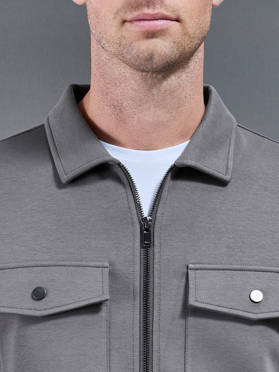 Interlock Jersey Pocket Zip Through Overshirt in Charcoal - Image 4