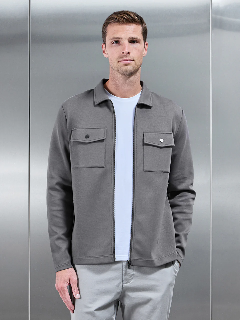 Interlock Jersey Pocket Zip Through Overshirt in Charcoal - Image 5