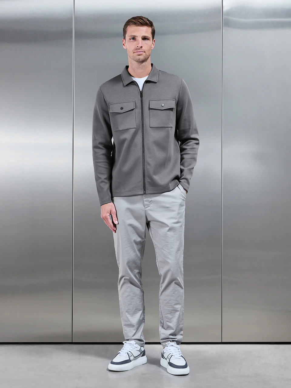 Interlock Jersey Pocket Zip Through Overshirt in Charcoal - Image 6