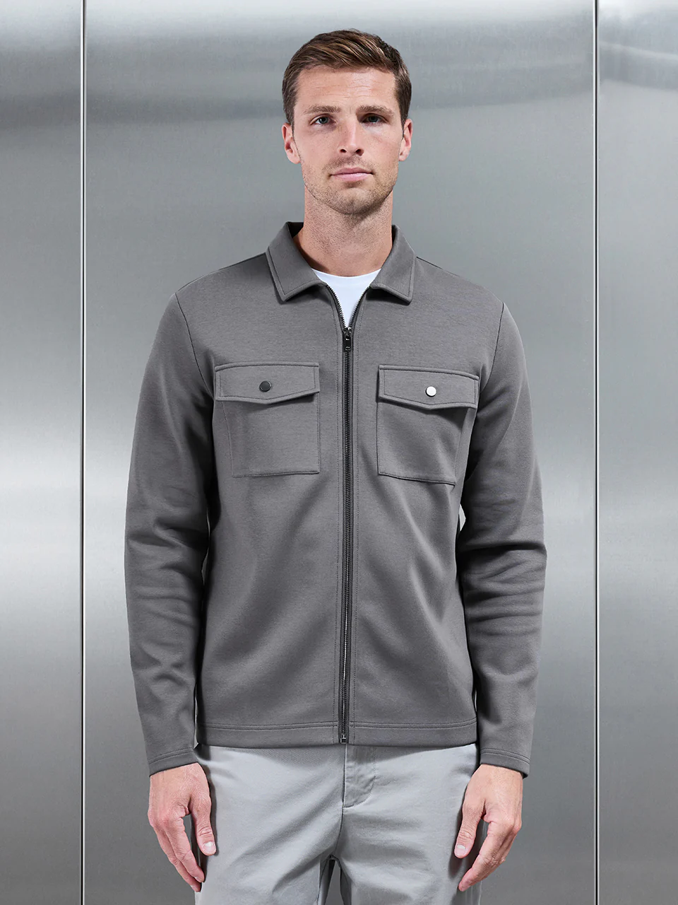 Interlock Jersey Pocket Zip Through Overshirt in Charcoal - Image 7