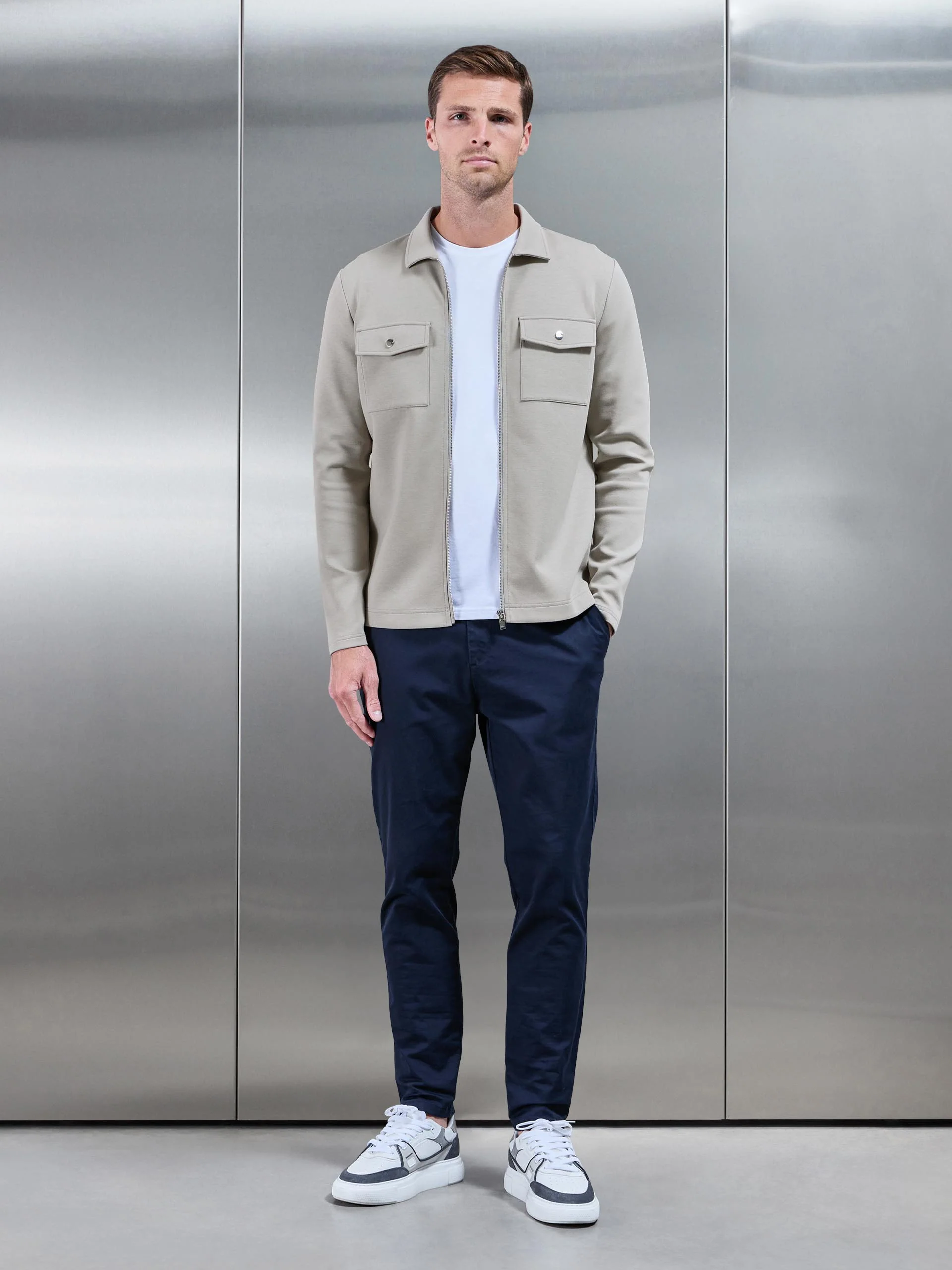 Interlock Jersey Pocket Zip Through Overshirt in Stone - Image 2