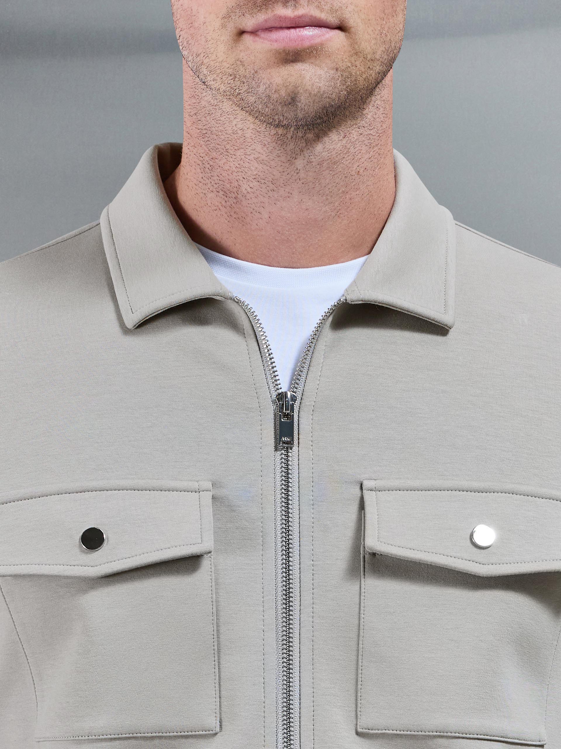 Interlock Jersey Pocket Zip Through Overshirt in Stone - Image 4