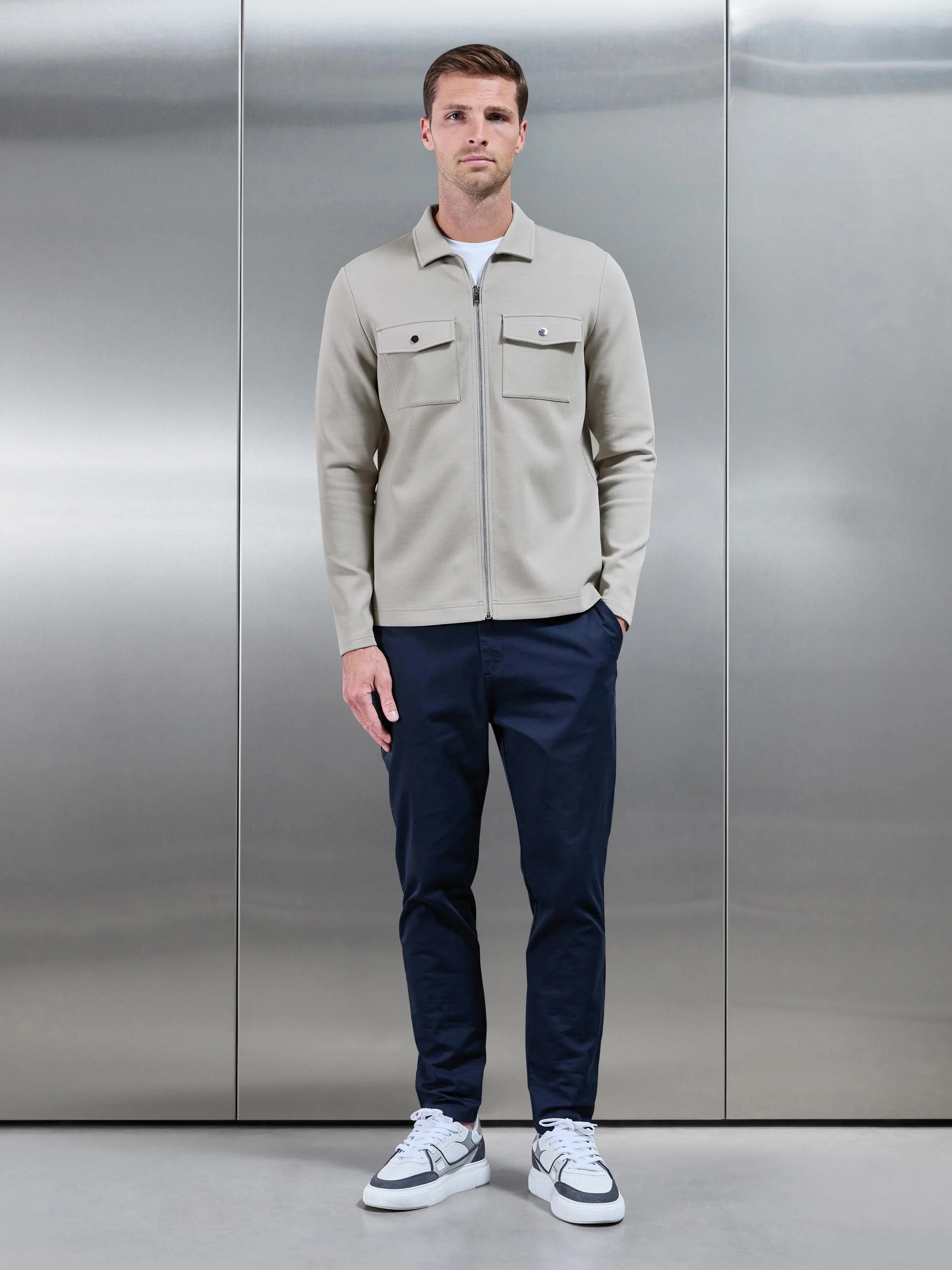 Interlock Jersey Pocket Zip Through Overshirt in Stone - Image 5