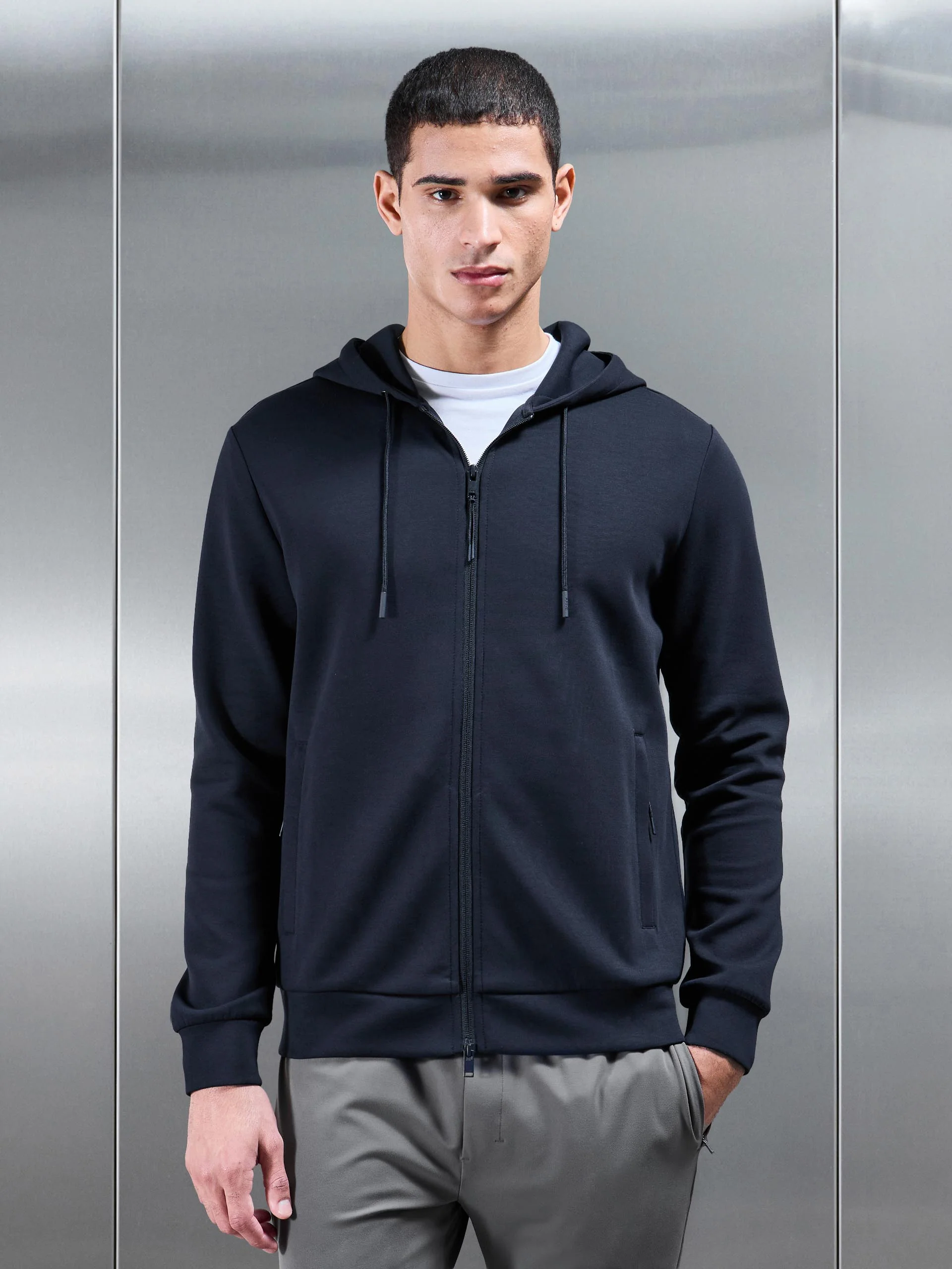 Interlock Jersey Technical Zip Hoodie in Navy - Image 3