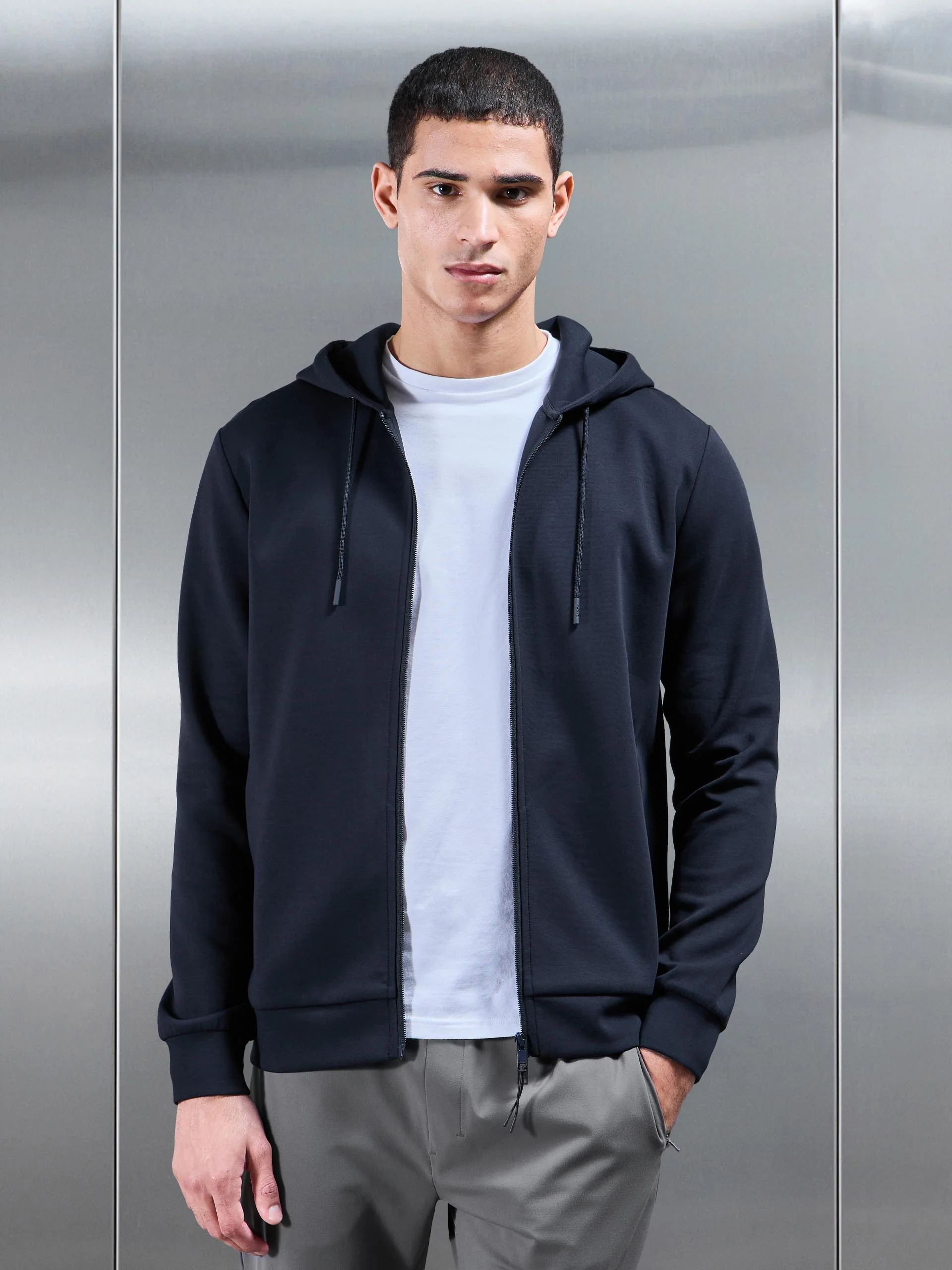 Interlock Jersey Technical Zip Hoodie in Navy - Image 9