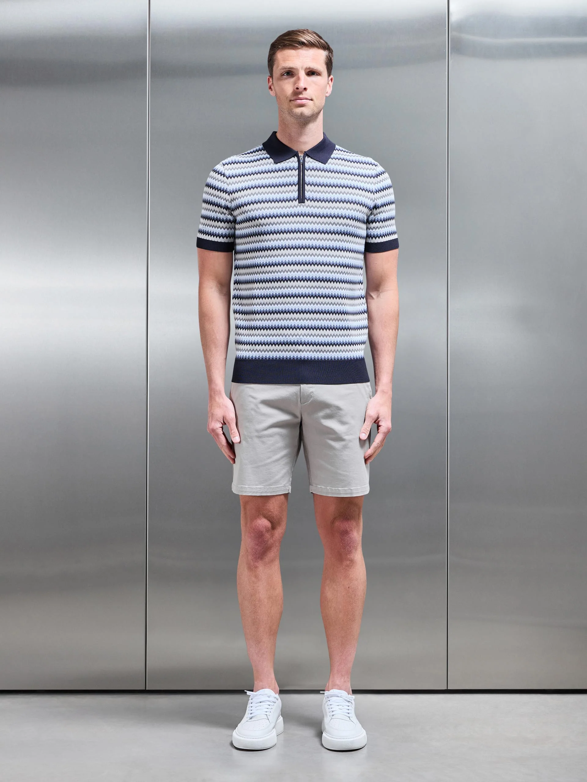 Jacquard Zig Zag Knitted Zip Polo Shirt in Navy - Image 2