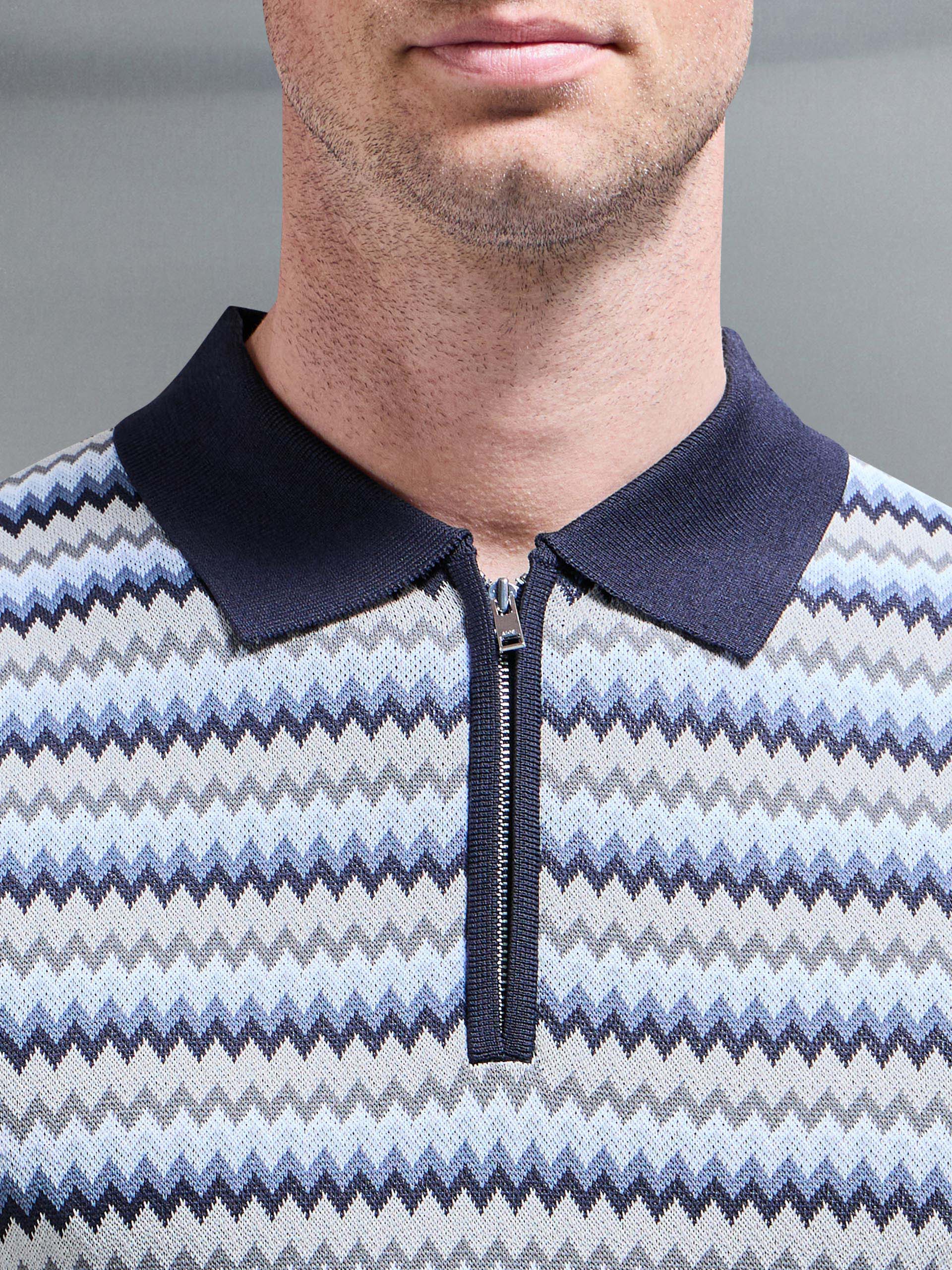 Jacquard Zig Zag Knitted Zip Polo Shirt in Navy - Image 3