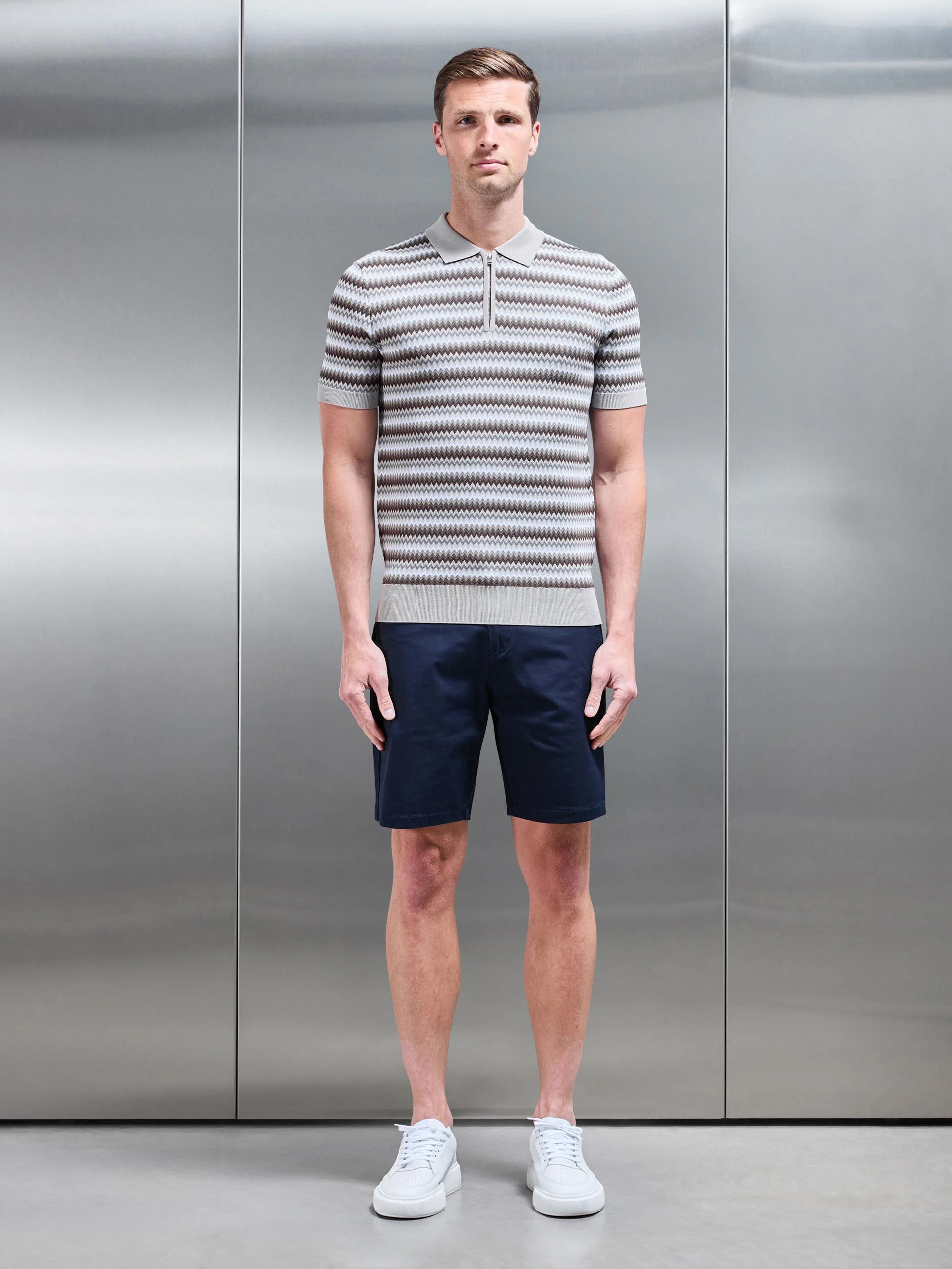 Jacquard Zig Zag Knitted Zip Polo Shirt in Stone - Image 2