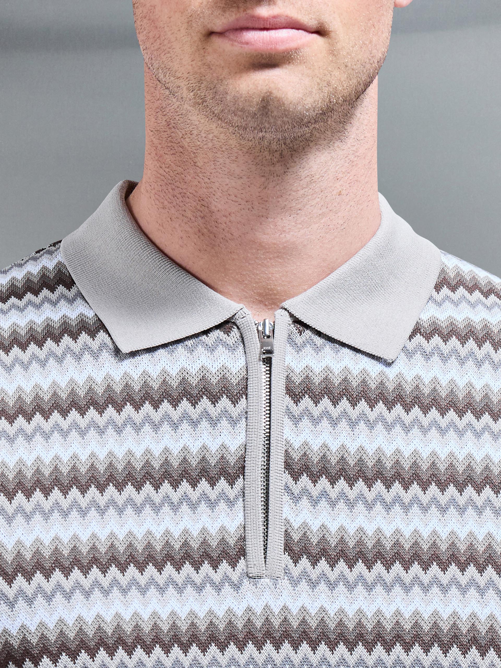 Jacquard Zig Zag Knitted Zip Polo Shirt in Stone - Image 3