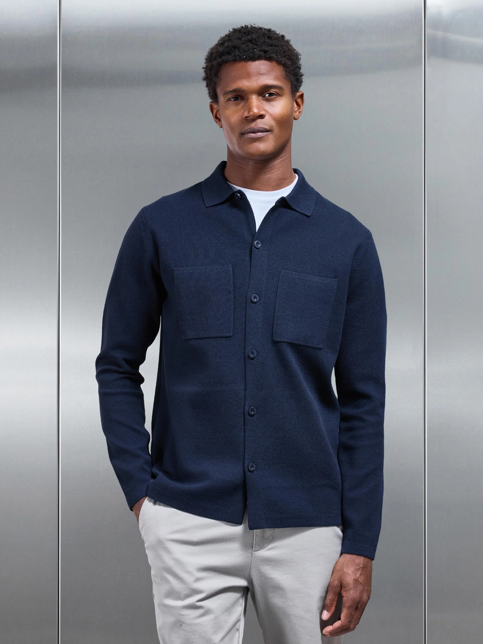 Knitted Overshirt in Navy - Image 4