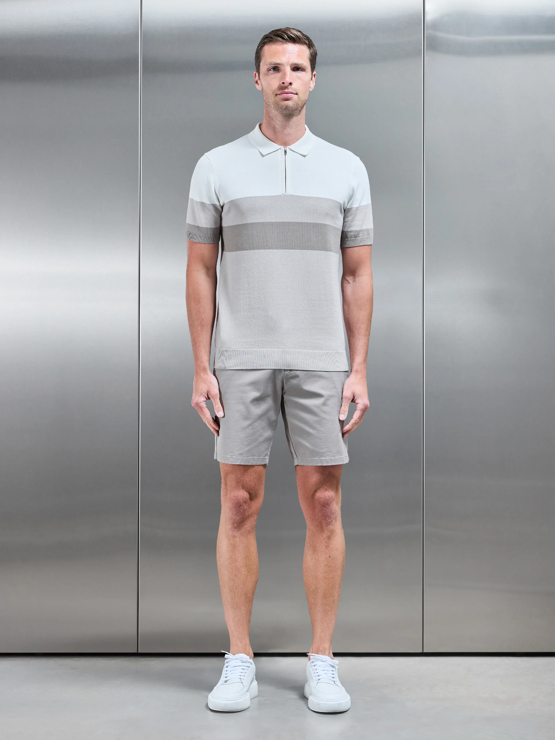 Lario Knitted Zip Polo Shirt in Stone - Image 2