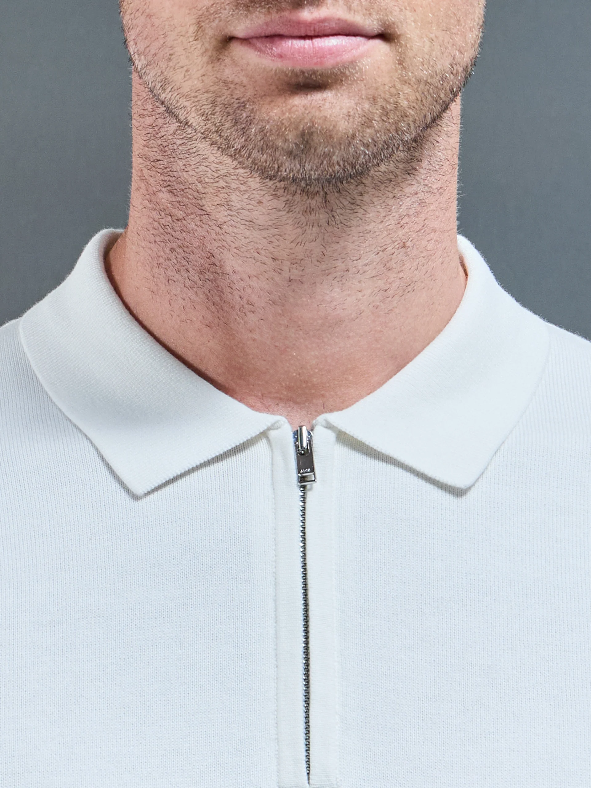 Lario Knitted Zip Polo Shirt in Stone - Image 3