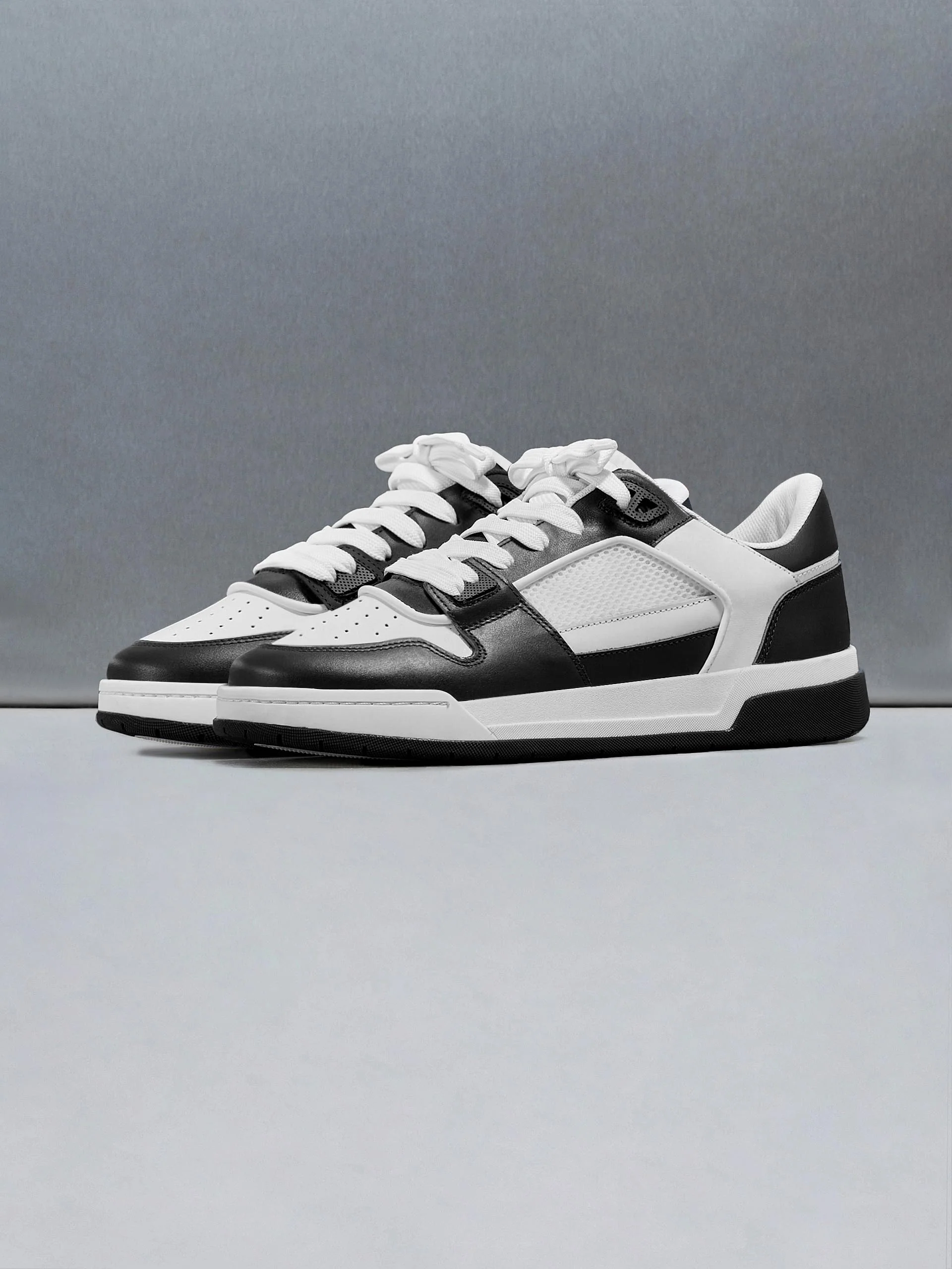 Leather Basket Trainer in White Black - Image 3