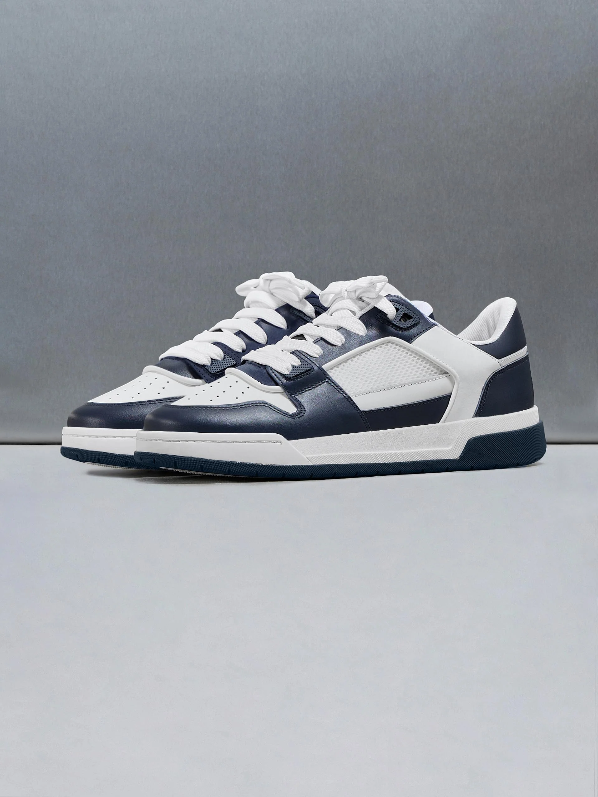 Leather Basket Trainer in White Navy - Image 3