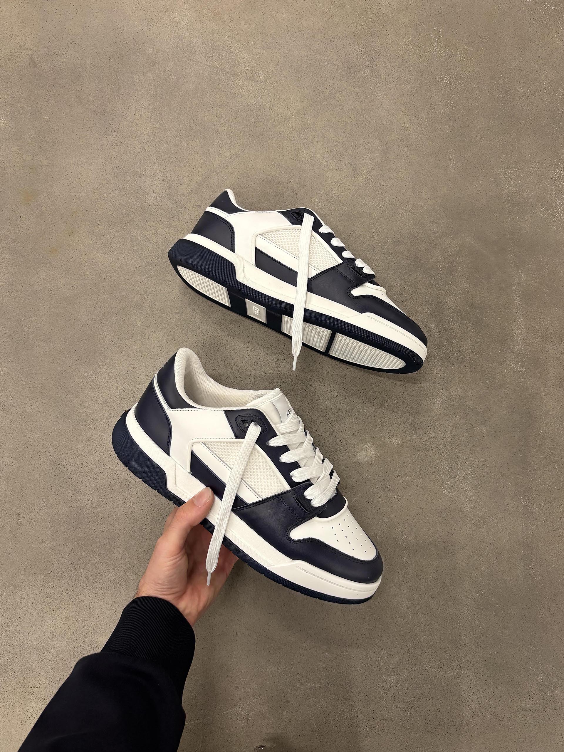 Leather Basket Trainer in White Navy - Image 6