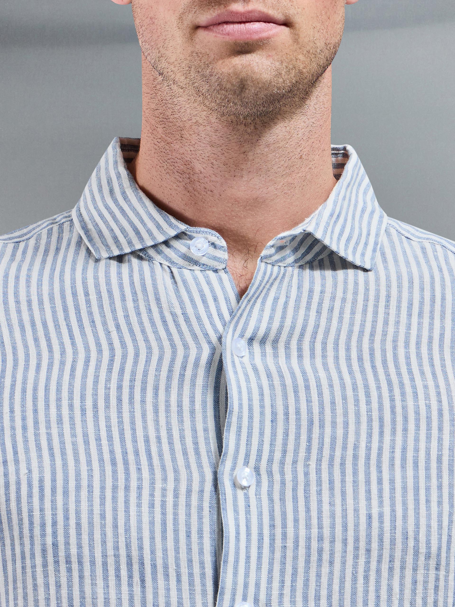 Linen Long Sleeve Stripe Shirt in White Light Blue - Image 3